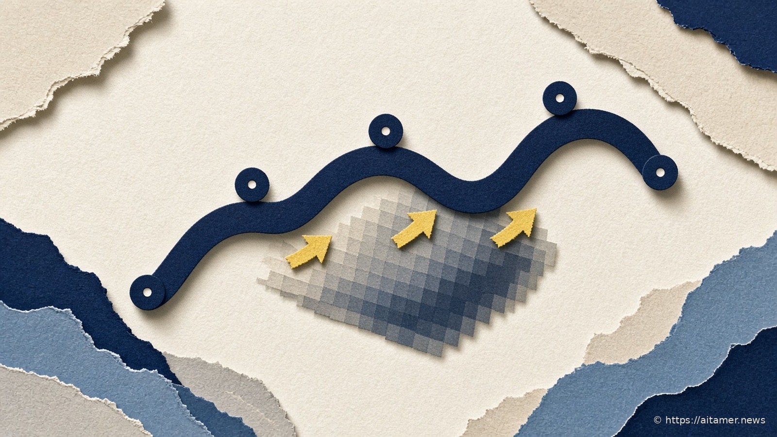 Navy paper Bézier curve with control-point dots over a soft pixel cluster, yellow arrows pointing from the raster back up to the path.