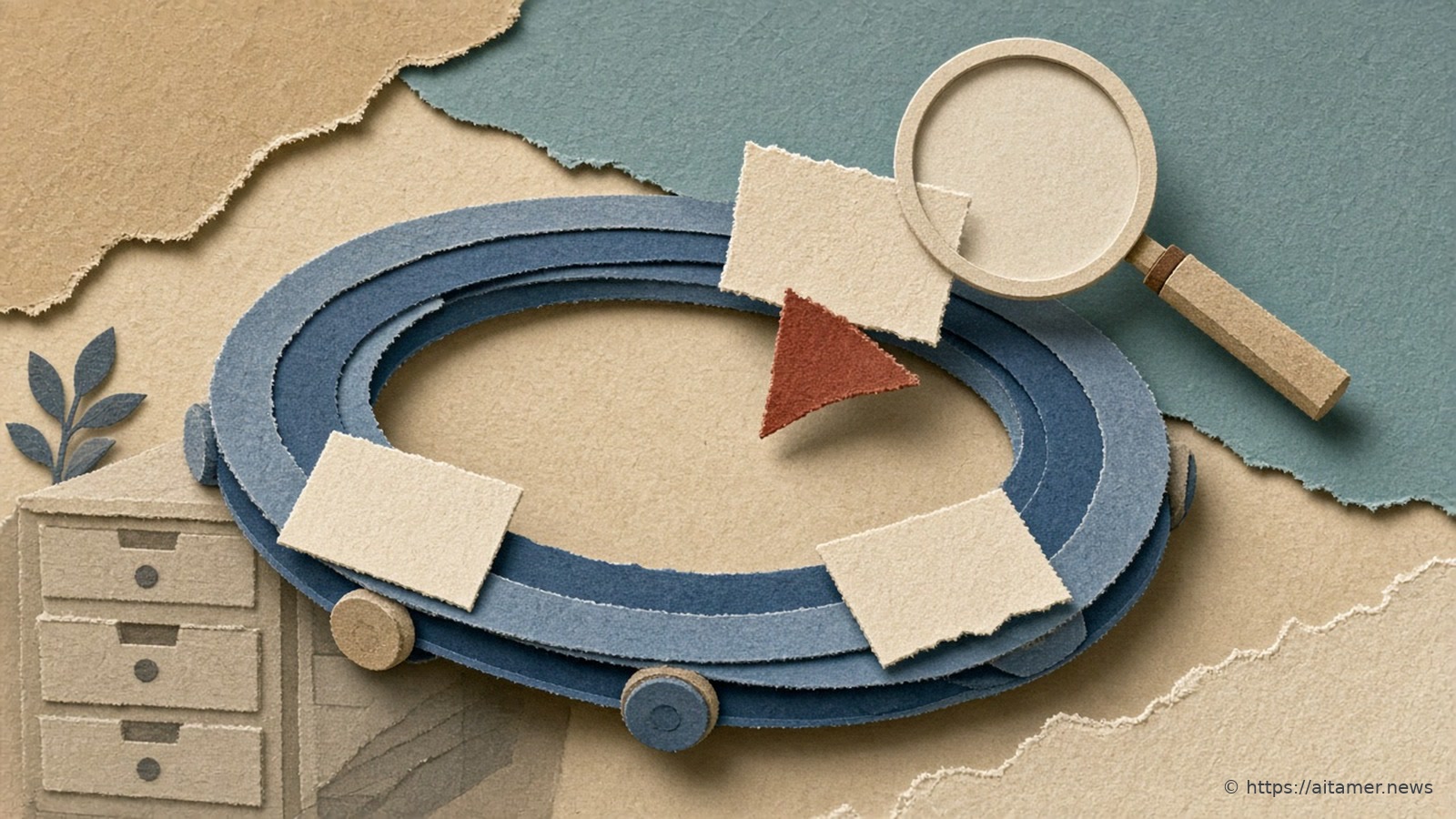 A dusty-blue paper conveyor loop carrying blank cream cards, one lifted by a rust-red flag marker under a cream paper magnifying glass, with a faint filing cabinet behind.