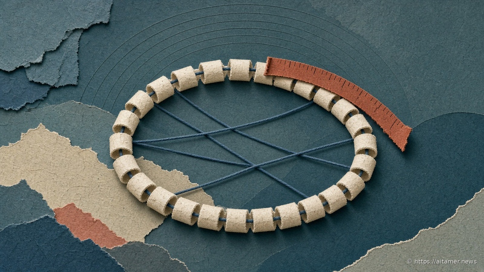 Paper-cut illustration of a wide ring of cream beads on slate-blue string with long chords crossing its middle and a rust tape measure along one arc, on muted teal paper.
