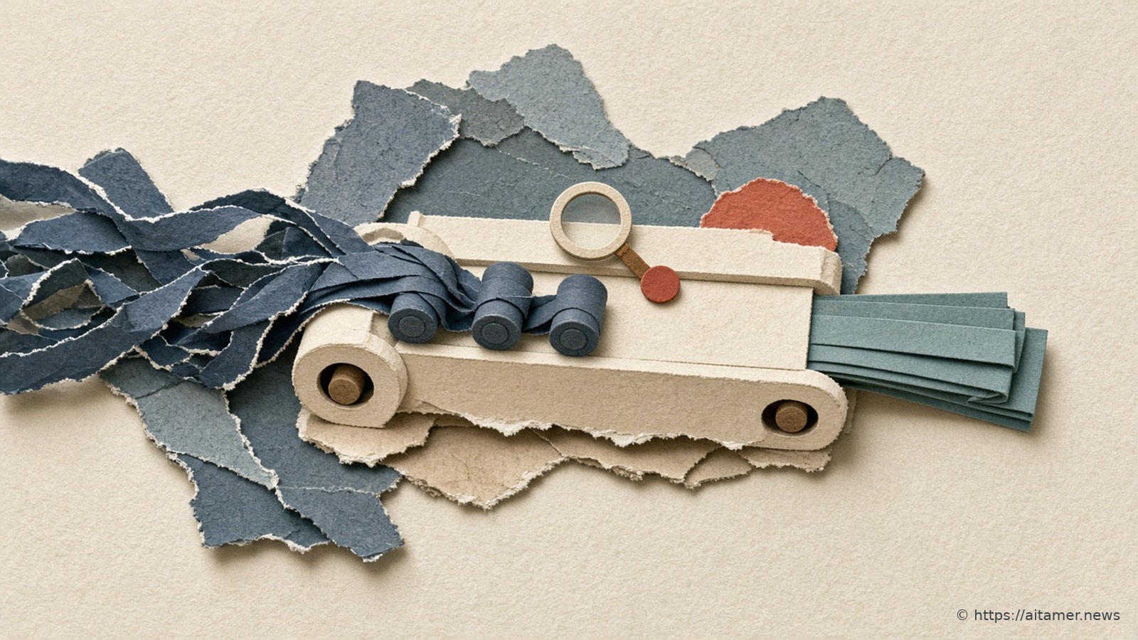 A tangle of torn slate-blue paper ribbons feeds over three rollers into a cream paper conveyor and comes out the other side as a neat stack of folded teal strips, with a small magnifying lens and a rust-red circle on top.