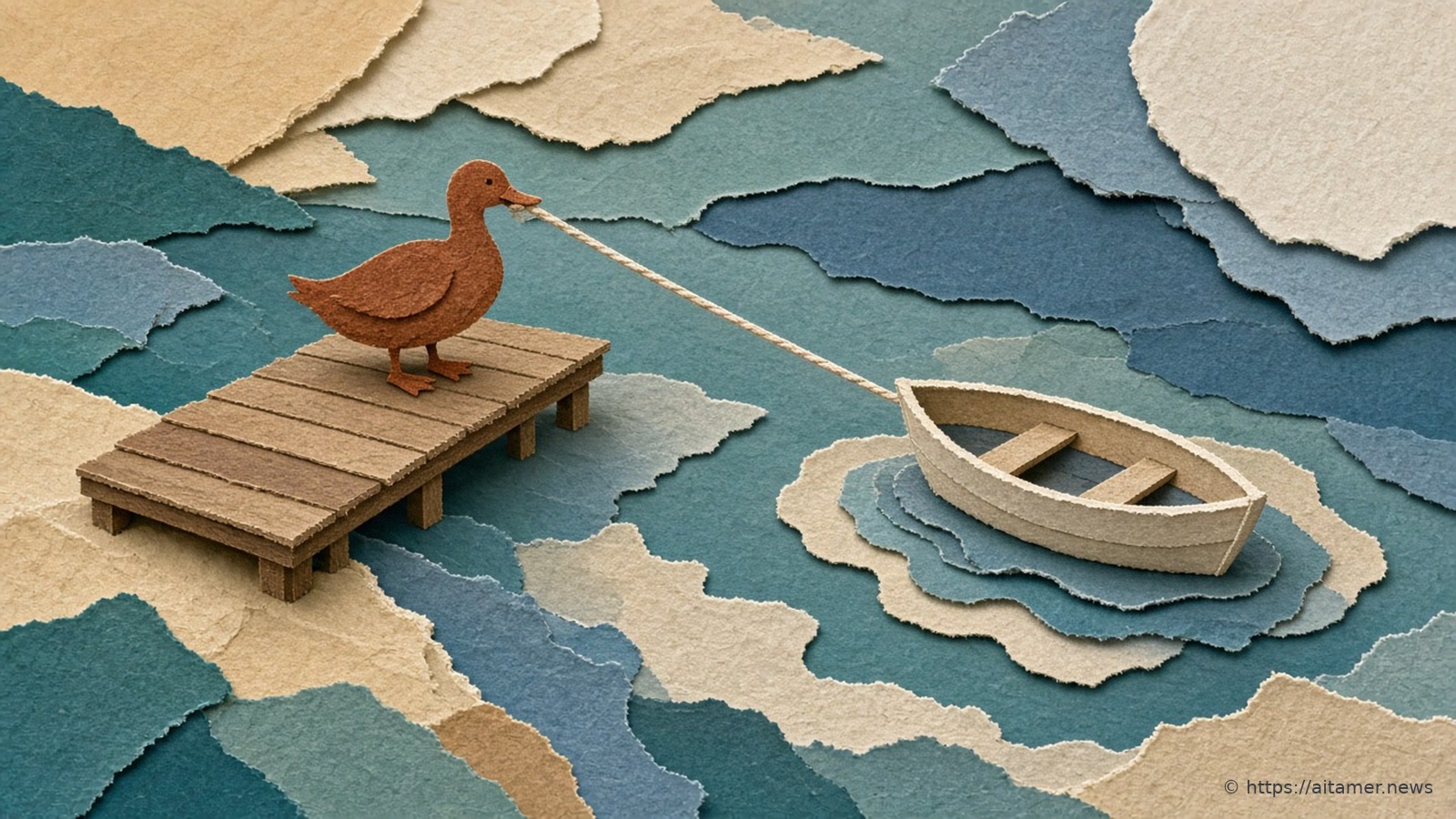 Paper-cut illustration of a rust-brown duck on a wooden jetty holding a rope that tethers a small rowboat on layered paper water.
