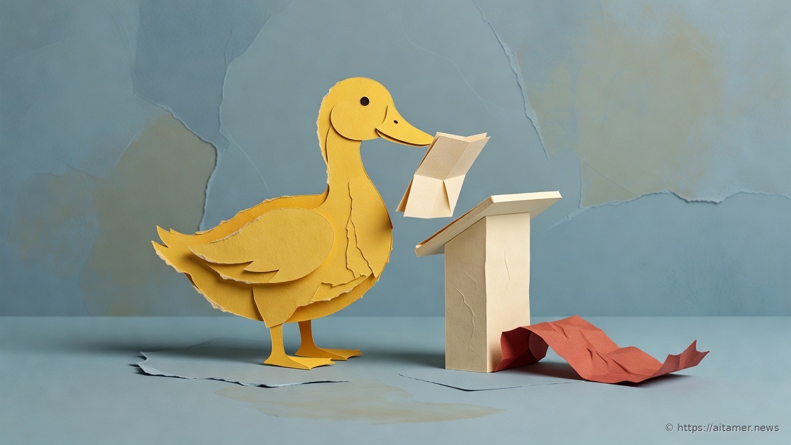 A yellow paper duck at a cream lectern holds a short folded table, with a long trimmed paper strip on the floor.