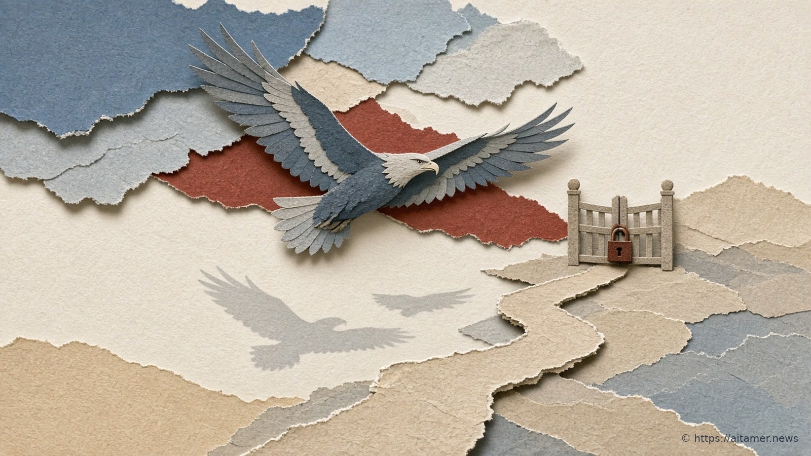 Paper-cut illustration of an eagle in flight casting shadows ahead along a paper road, the lead shadow reaching a small padlocked gate.