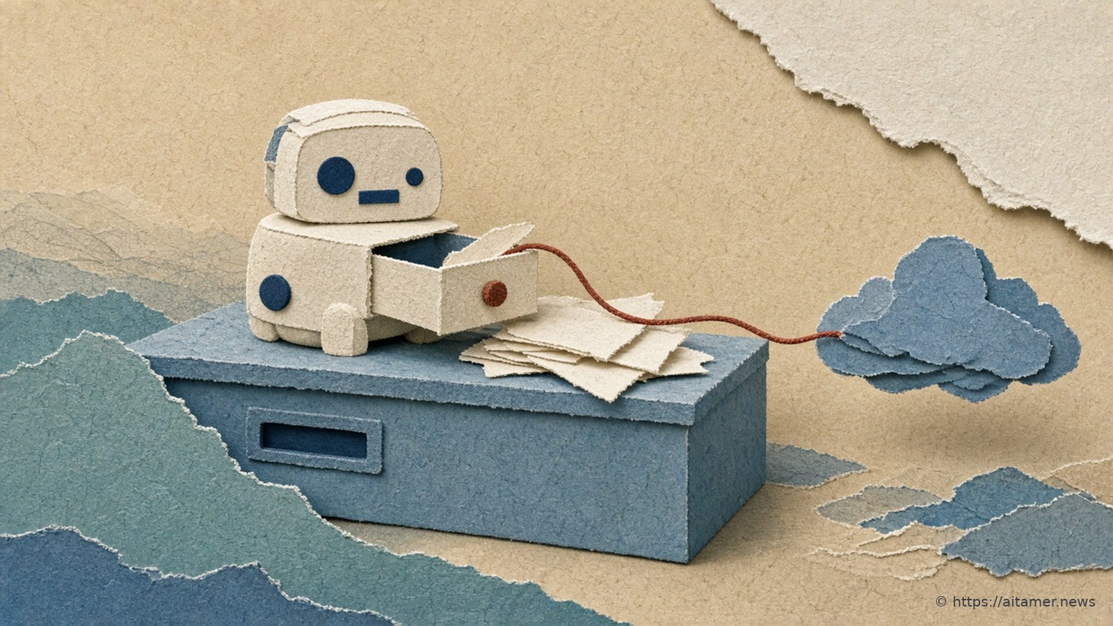 A cream paper toy robot on a slate-blue box spilling paper sheets, linked by a thin red thread to a small blue paper cloud.