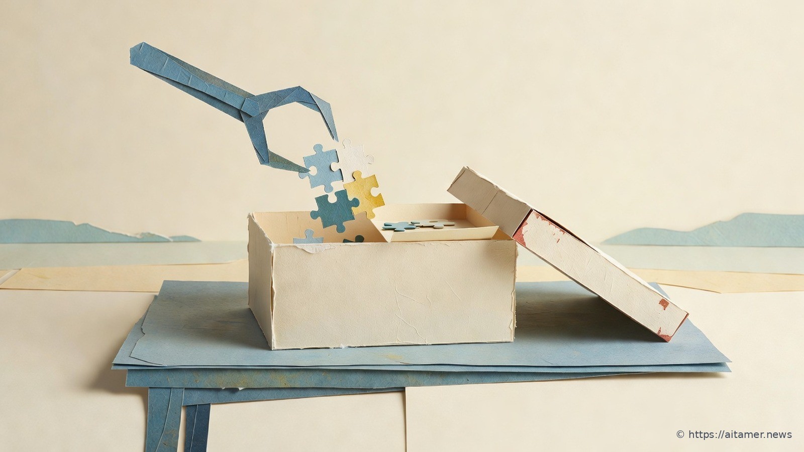 A paper hook lifts puzzle pieces back out of a cream crate on a slate table, its lid ready to close.