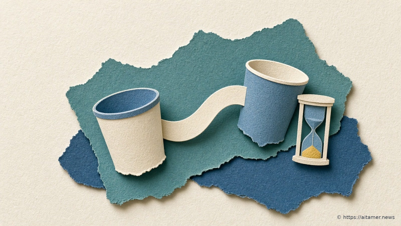 Paper-cut illustration of a two-cup string telephone joined by one smooth ribbon, with a small sand timer beside one cup.