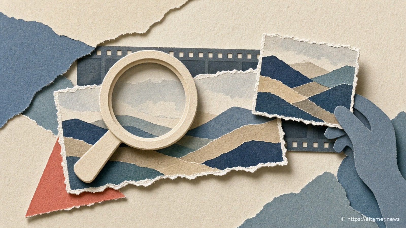 A cream paper magnifying glass over a torn landscape print, with a second cropped print held by a slate paper hand and a filmstrip behind.