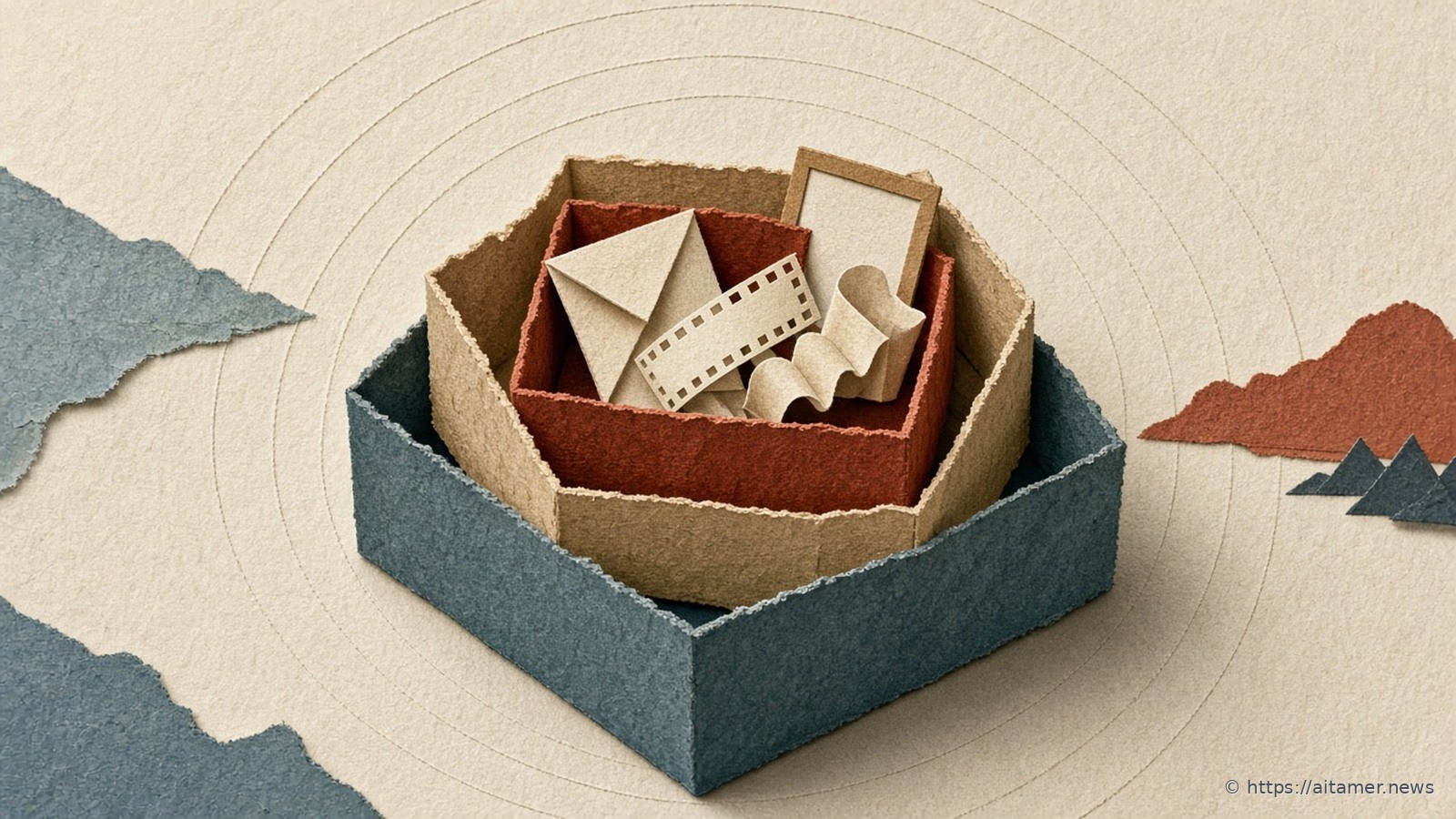 Paper-cut nested teal, sand, and rust boxes holding a cream envelope, film strip, frame, and ribbon on concentric rings.