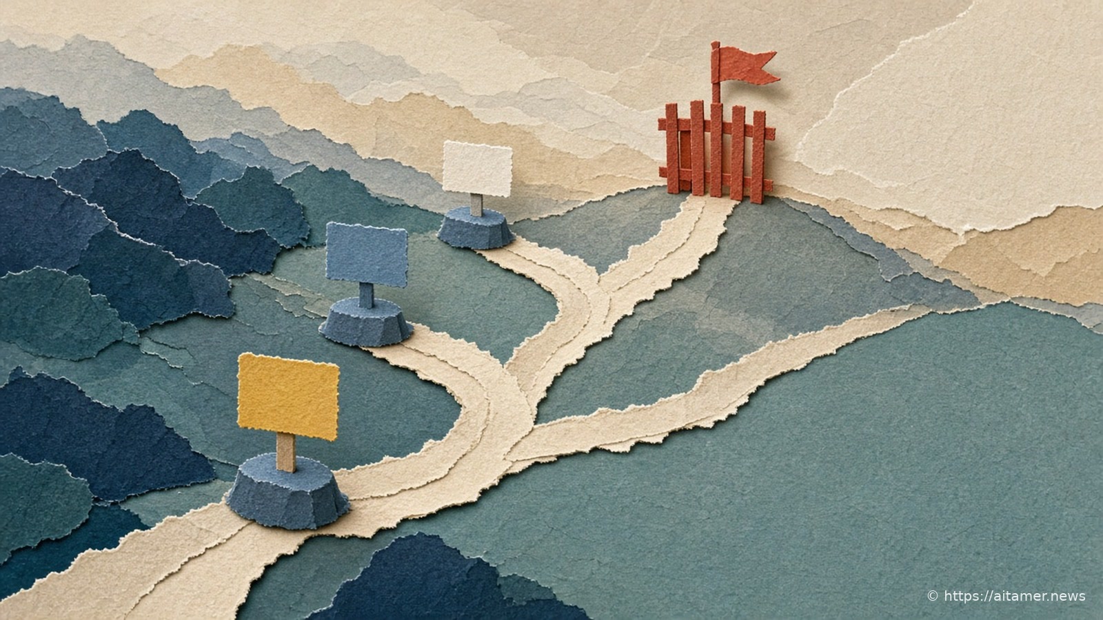 Cut-paper illustration of a branching paper trail lined with three judging stands holding blank score cards, ending at a closed gate.