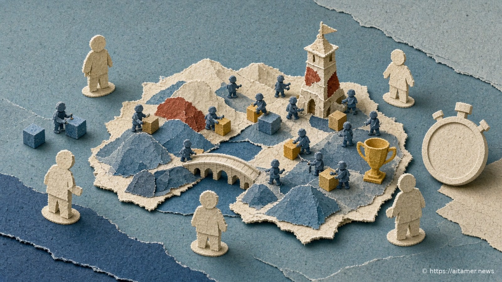 Paper collage of small figures around a miniature game landscape with a bridge and a tower while tiny robots carry building blocks onto it.