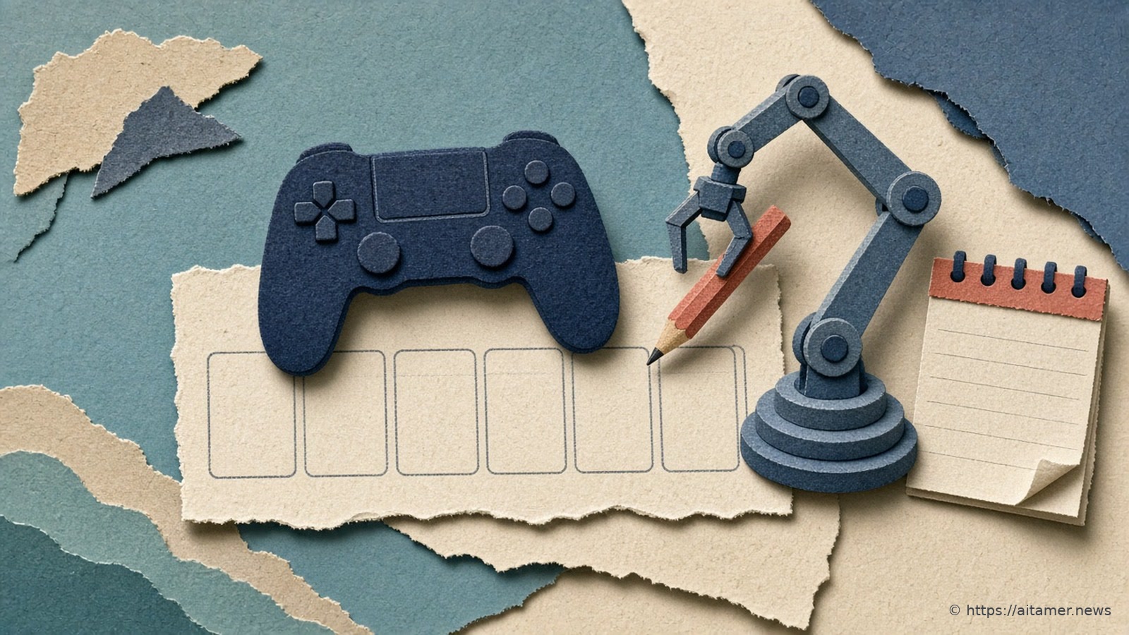 A navy cut-paper game controller on a strip of blank storyboard frames, with a steel-blue robotic arm holding a coral pencil and a small notepad beside it.