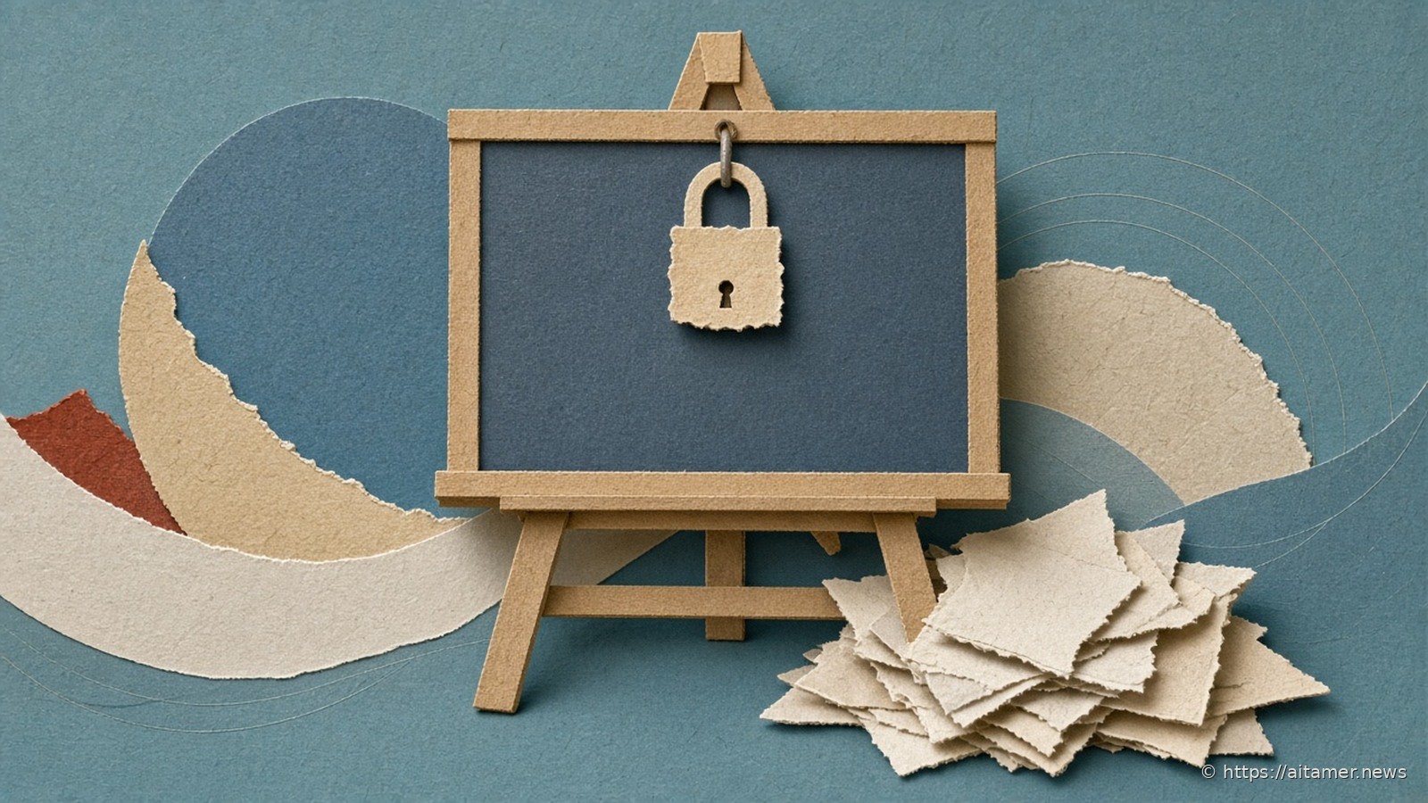 Paper-cut blank slate-blue board on a cream easel, locked with a cream padlock, beside a heap of torn cream scraps.
