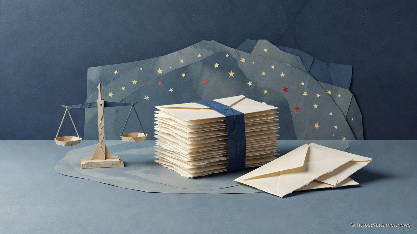 A stack of cream paper envelopes tied with a navy ribbon beside a small level balance scale, against a dark blue backdrop with faint paper stars.