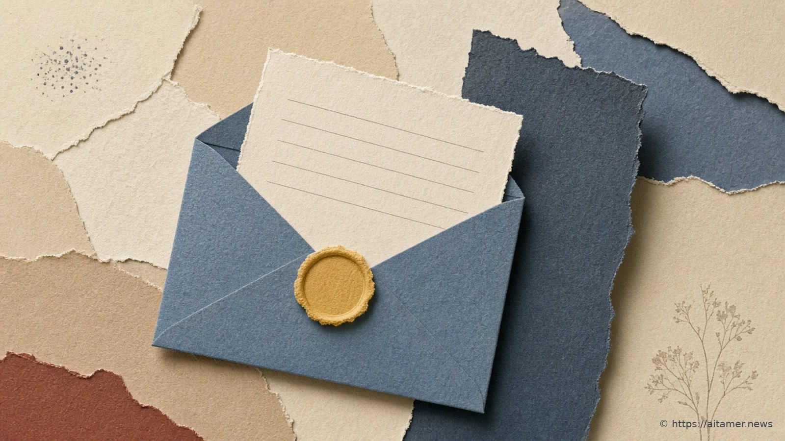 A dusty-blue cut-paper envelope with a blank lined ivory questionnaire half pulled out and a sulfur-yellow wax seal on the flap.
