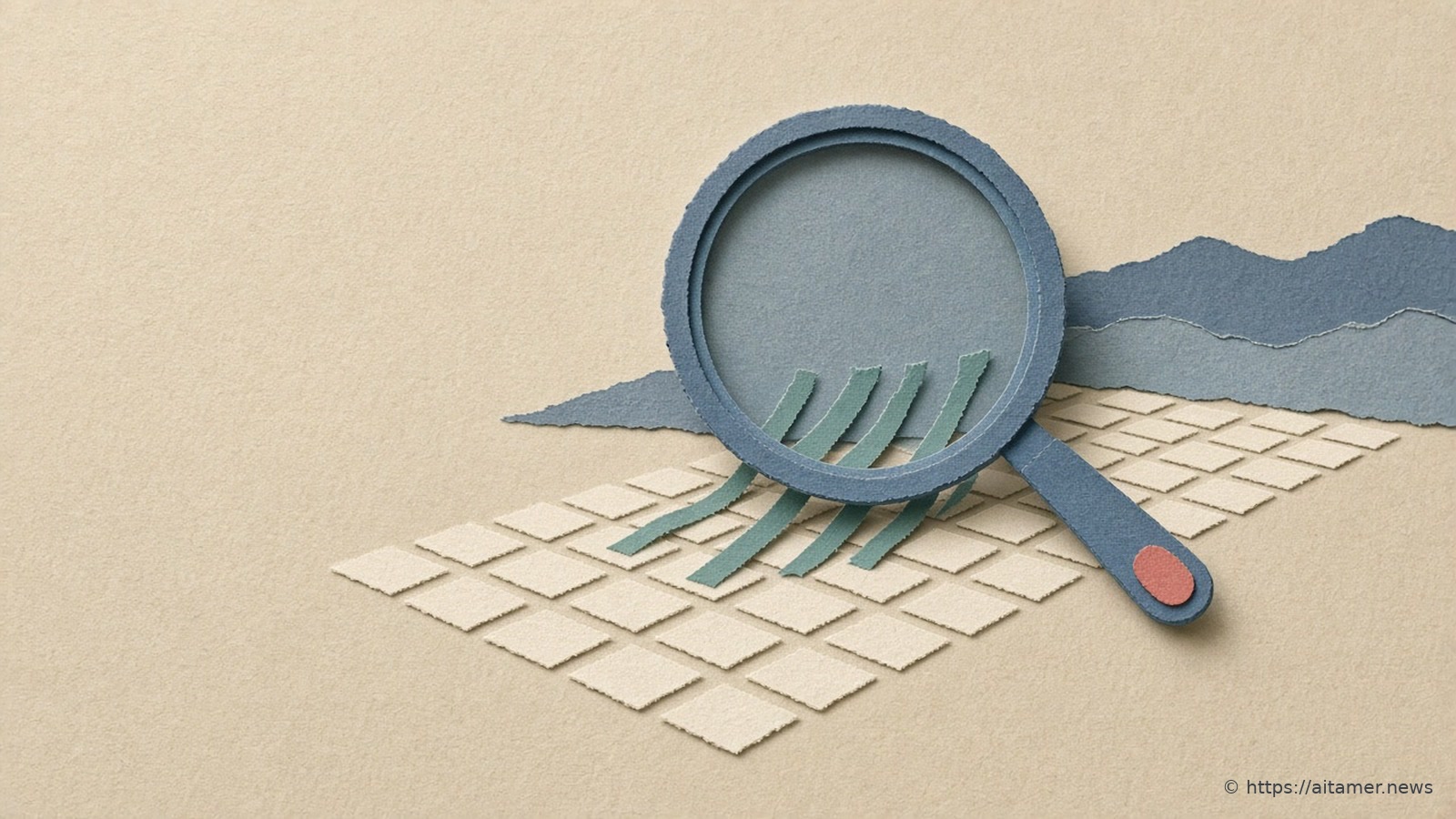 A slate-blue paper magnifying glass with a coral dot on its handle stands over rows of small cream paper squares, as thin teal paper strips rise from the squares under the lens against faint blue paper hills.
