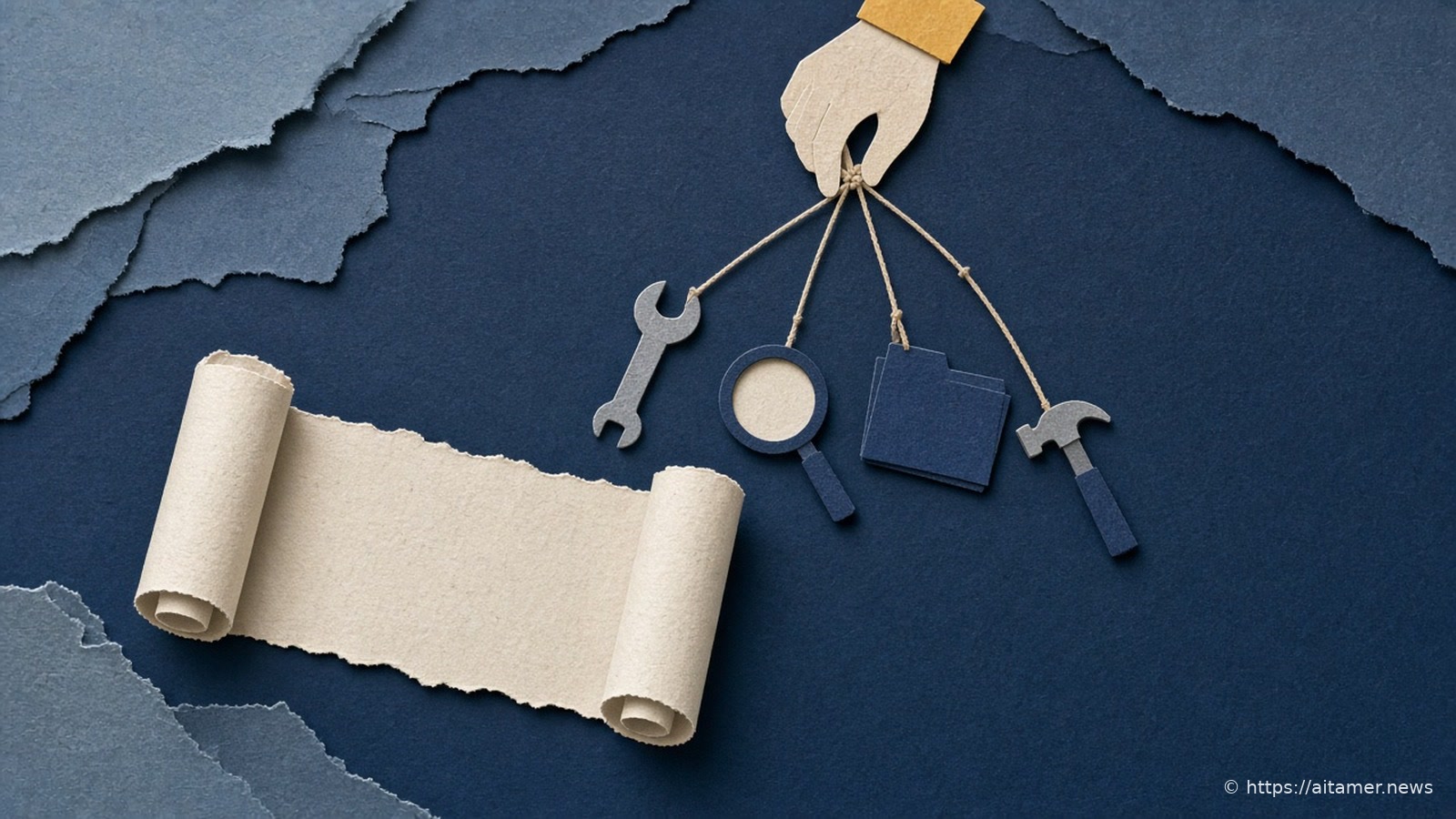 Small paper tools hang together on threads from one clip above an unrolled ivory scroll.