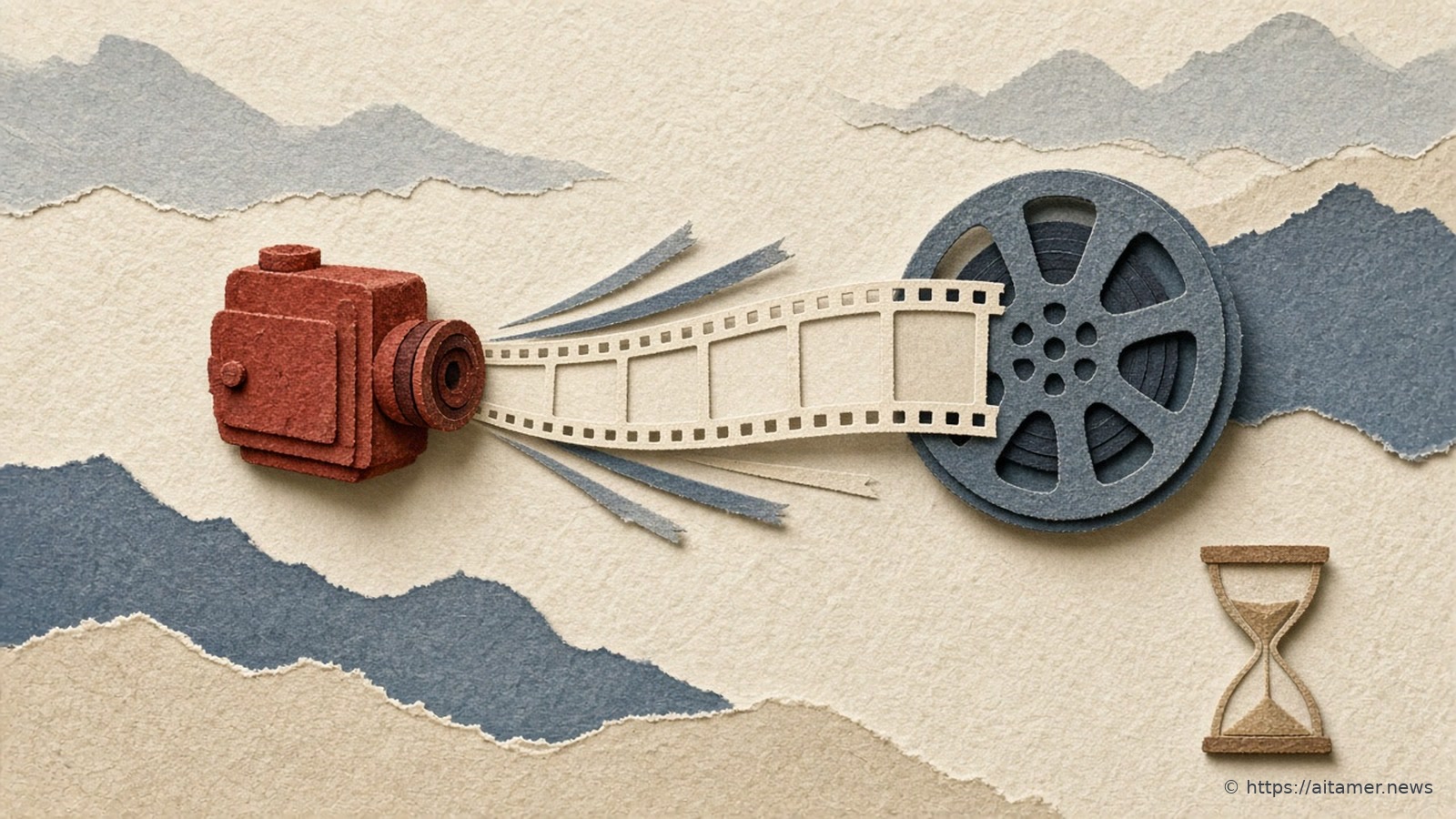 A rust-red paper movie camera sends a blank cream film strip with speed streaks across to a slate-grey paper film reel, with a small sand paper hourglass in the lower right and layered blue and sand paper hills behind.