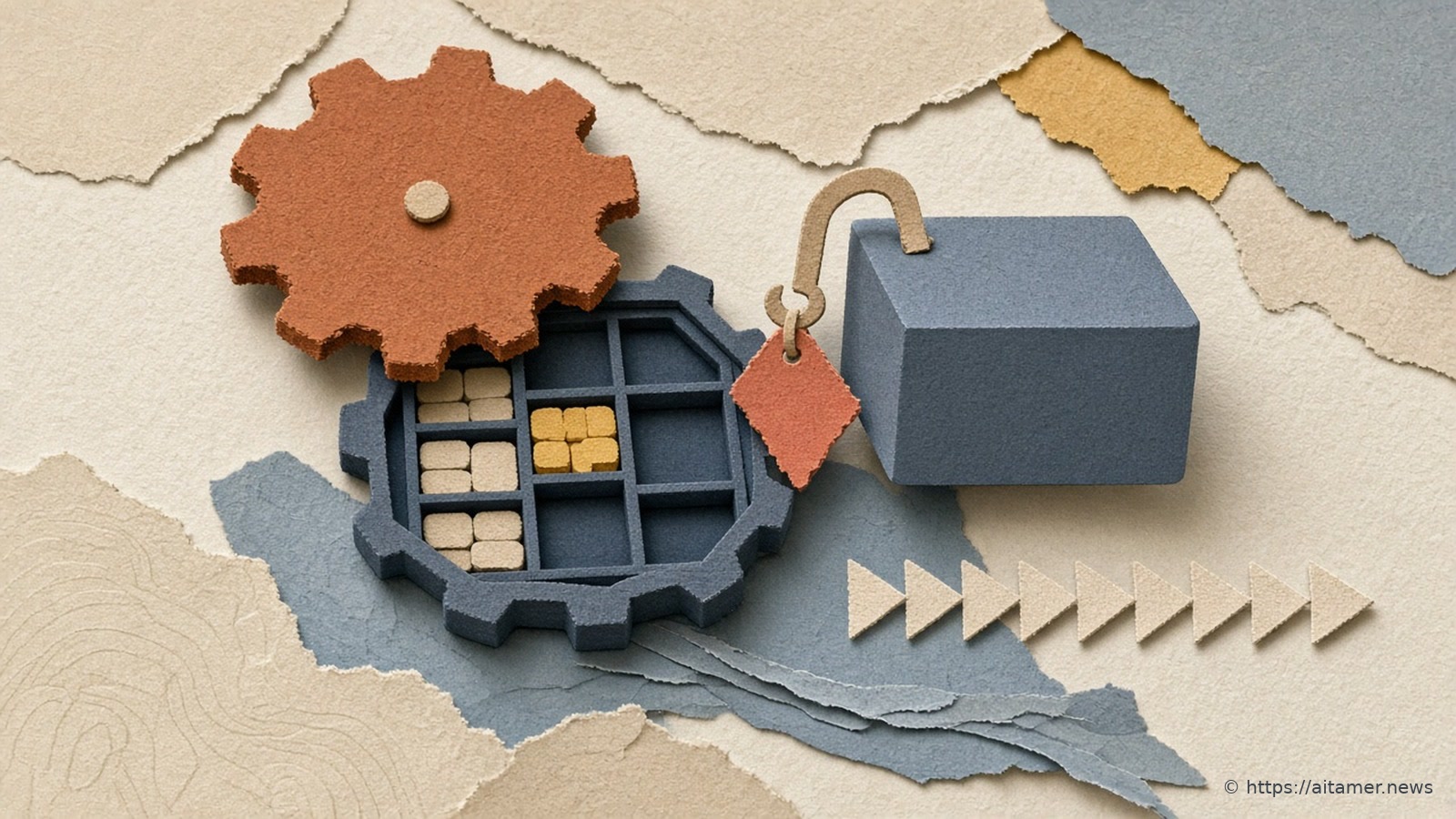 Paper collage of an open gear-shaped tray with its lid set aside and one plain block lifted out on a hook, beside a row of small arrows.