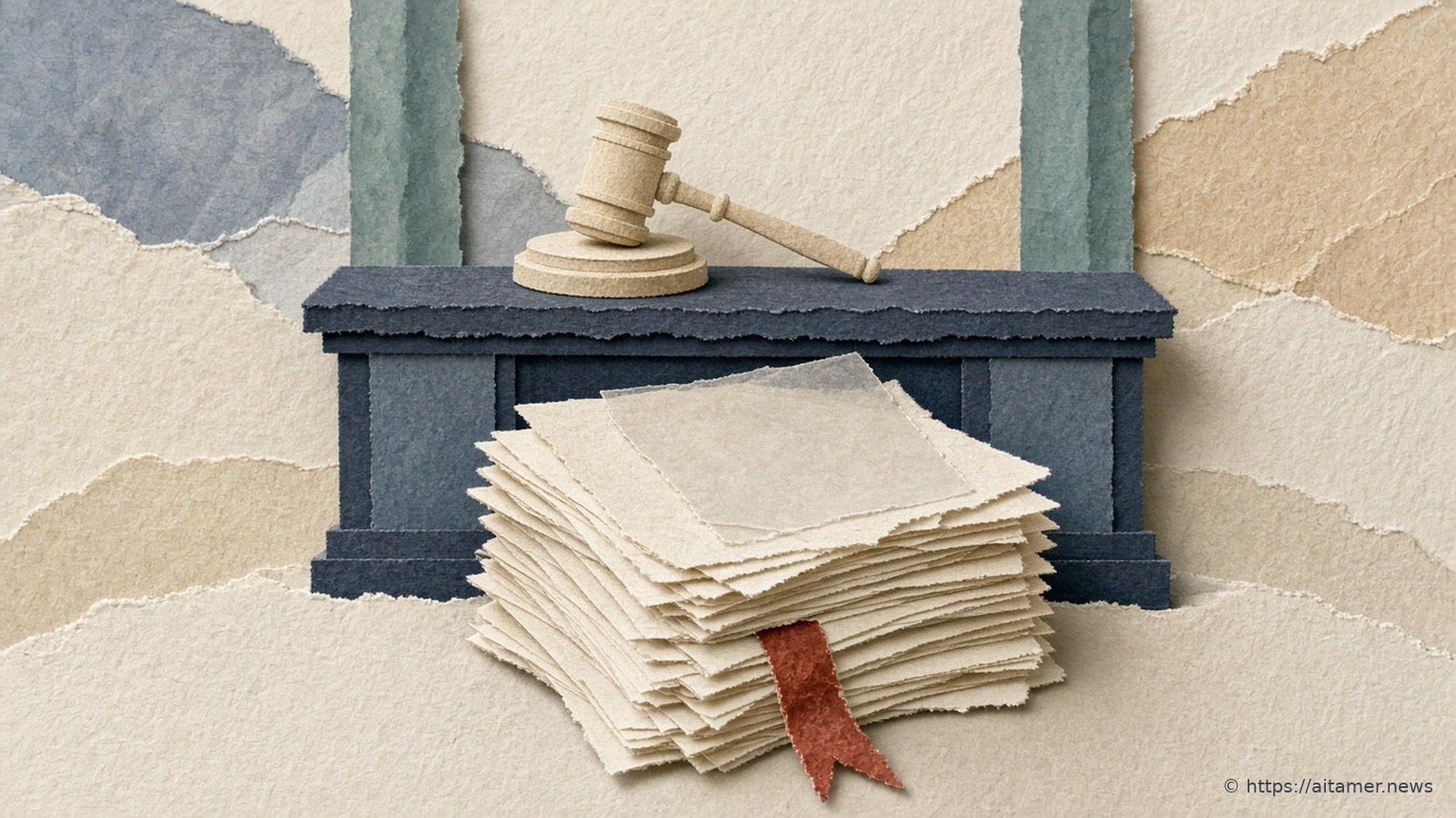 Paper collage of a judge's bench and gavel beside a stack of pages, one page translucent like a ghost among the solid ones.