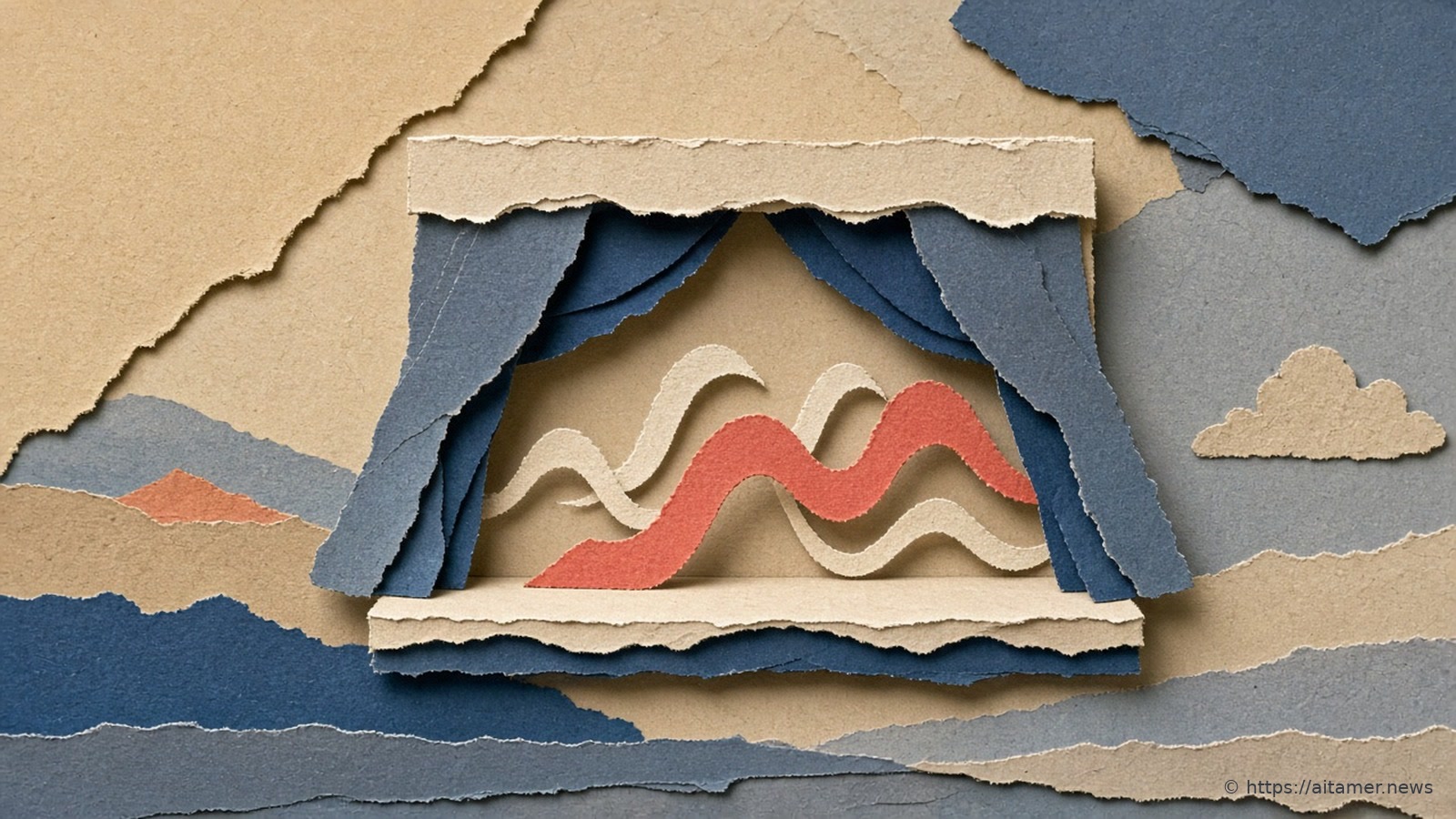 A small paper stage with slate-blue curtains drawn back and ivory paper sound-wave ribbons rising from the empty floor, one coral ribbon in front.