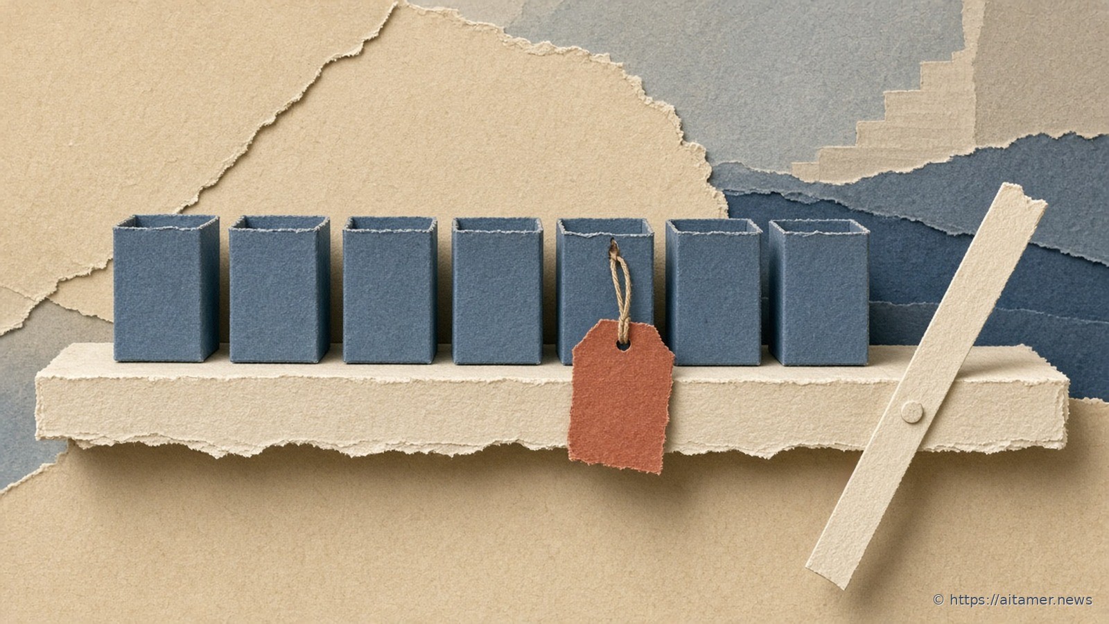Paper-cut illustration of a cream shelf of blank slate-blue app boxes, one wearing a rust hang tag, with a removed cream barrier arm leaning against the shelf.