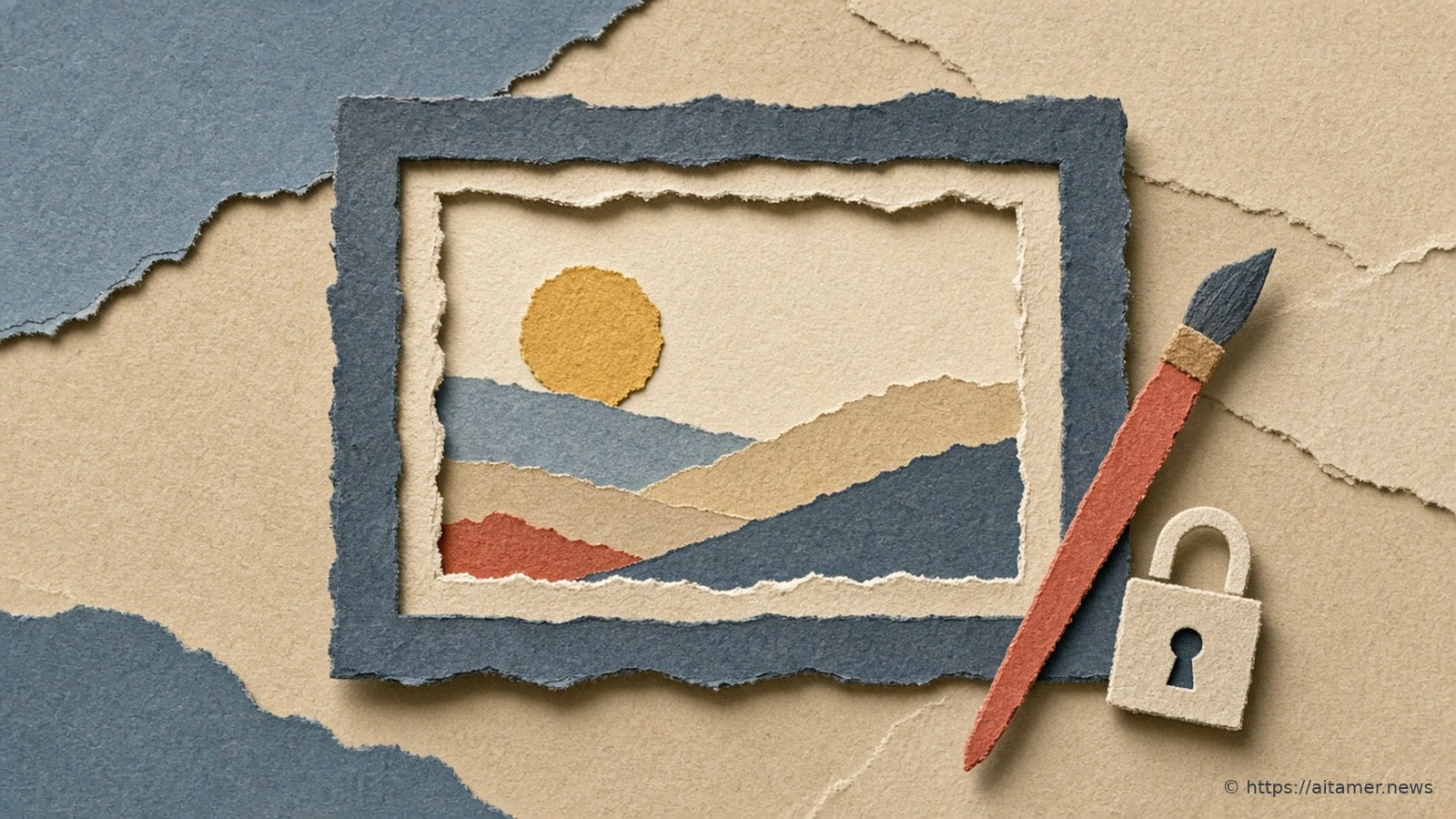 A slate paper frame around a small landscape with a yellow sun, a coral-handled paintbrush, and a cream padlock on torn sand and blue layers.