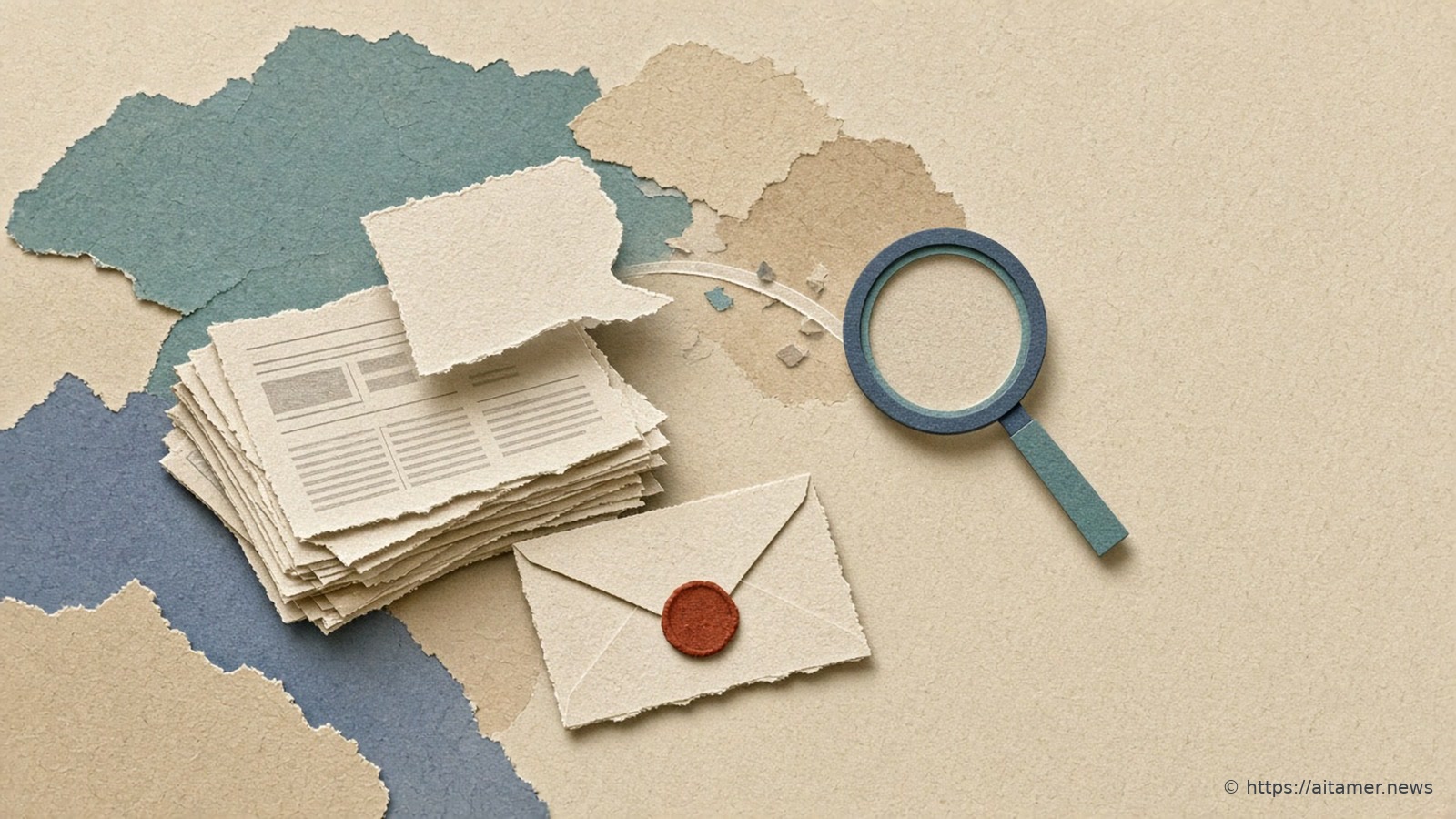A stack of cream paper newspapers, the top page peeling into a floating speech bubble that drifts toward a magnifying glass, beside a sealed envelope.