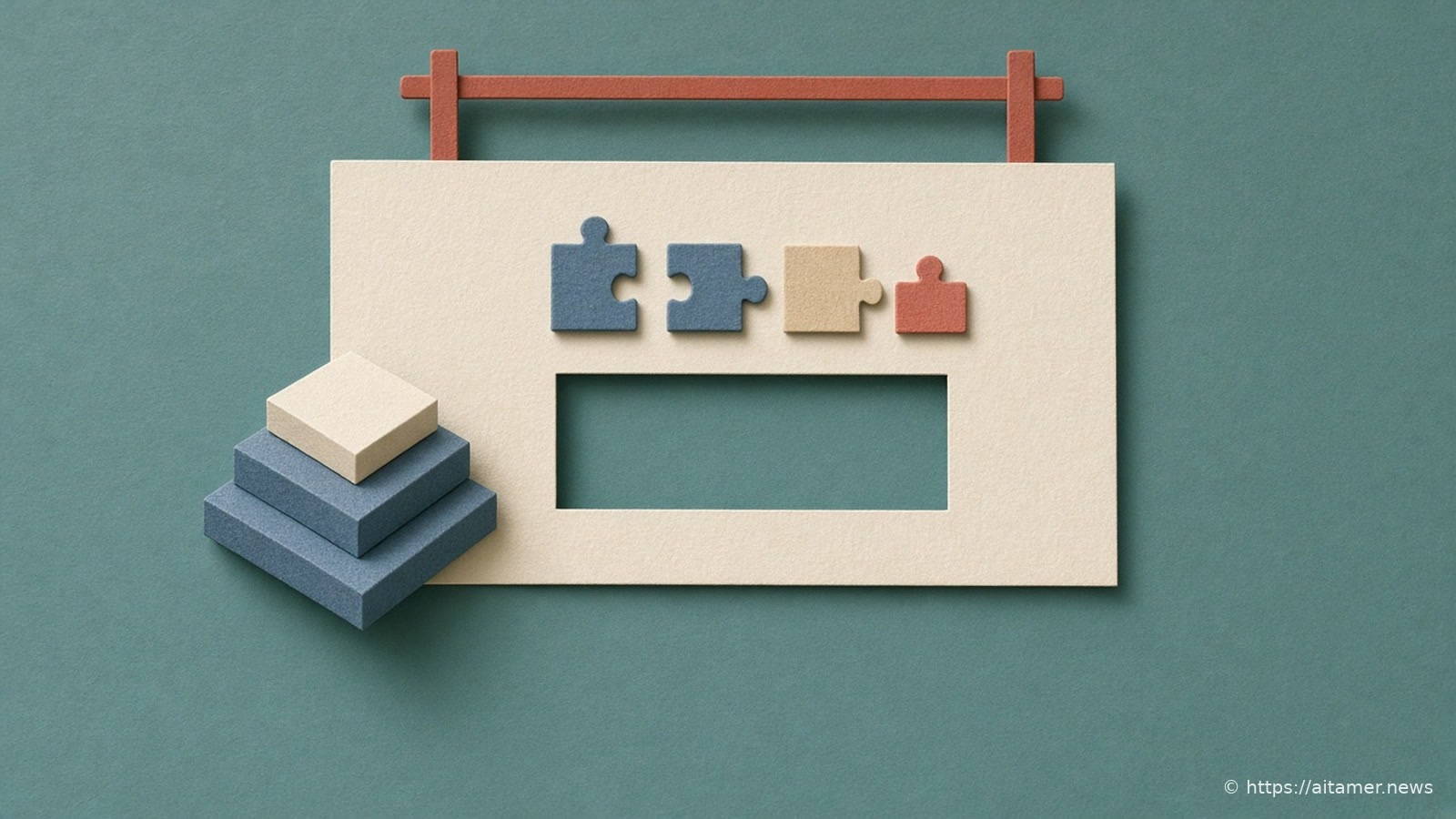 Cut-paper illustration of a research page with a rectangle cut out and small puzzle pieces lined up trying to fill the gap, one coral piece nearly fitting.