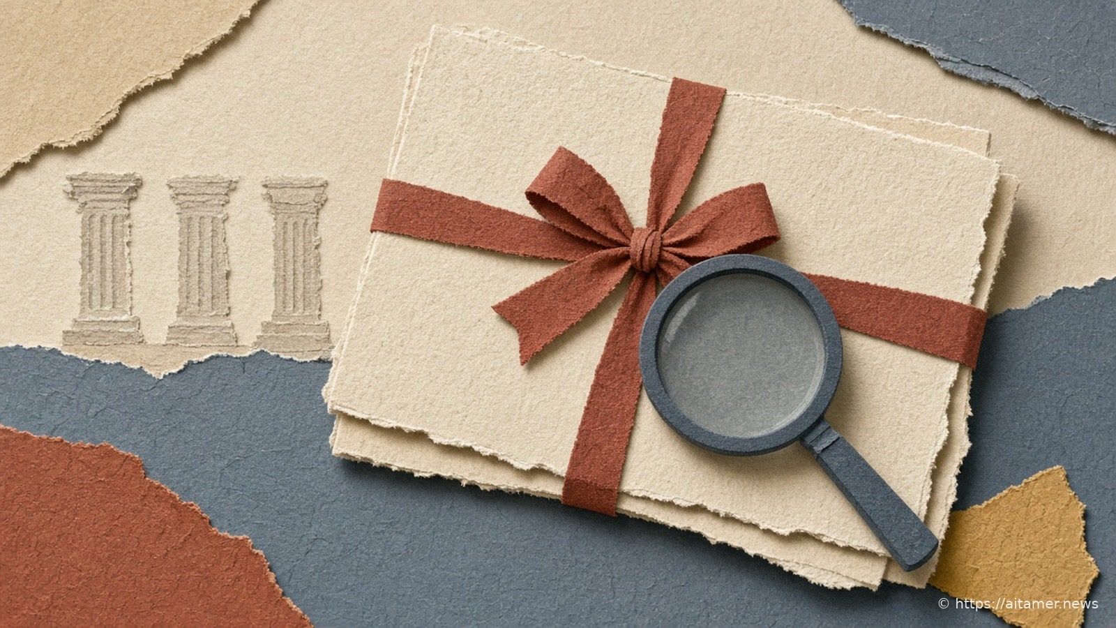 A thick cream paper packet tied with a rusty-red ribbon, a navy magnifying glass resting on it, and faint cream columns behind.