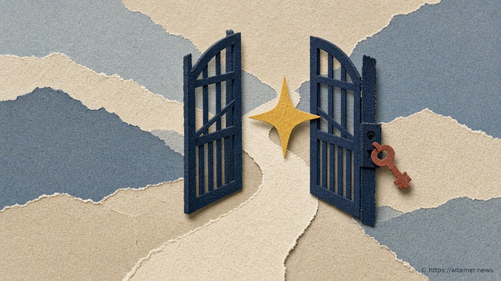 A deep navy paper gate swung open on a cream paper path, with a sulfur-yellow paper star passing through and a rusty-red key in the unlocked latch.