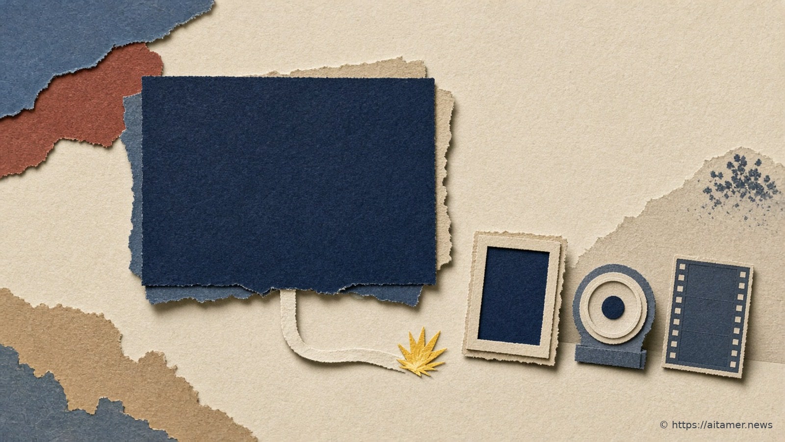 Paper collage of a blank navy terminal window with a cable ending in a small yellow spark beside a picture frame, a speaker cone and a film strip.