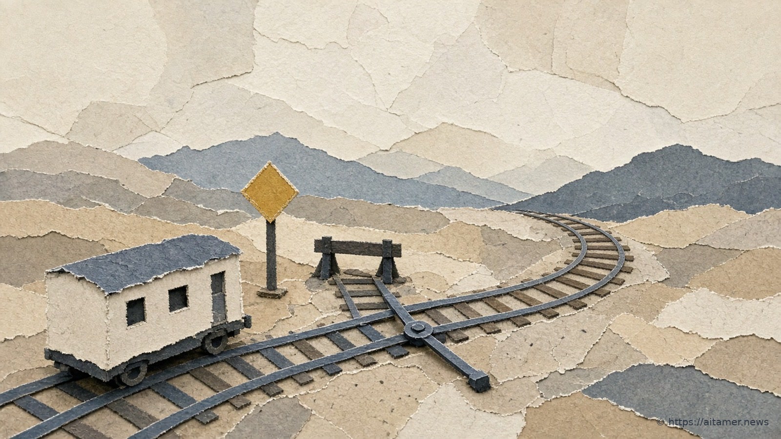 A paper-cut railway switch sending a small cream rail car onto a new track, with a buffer stop and a yellow sign at the end of the old line.
