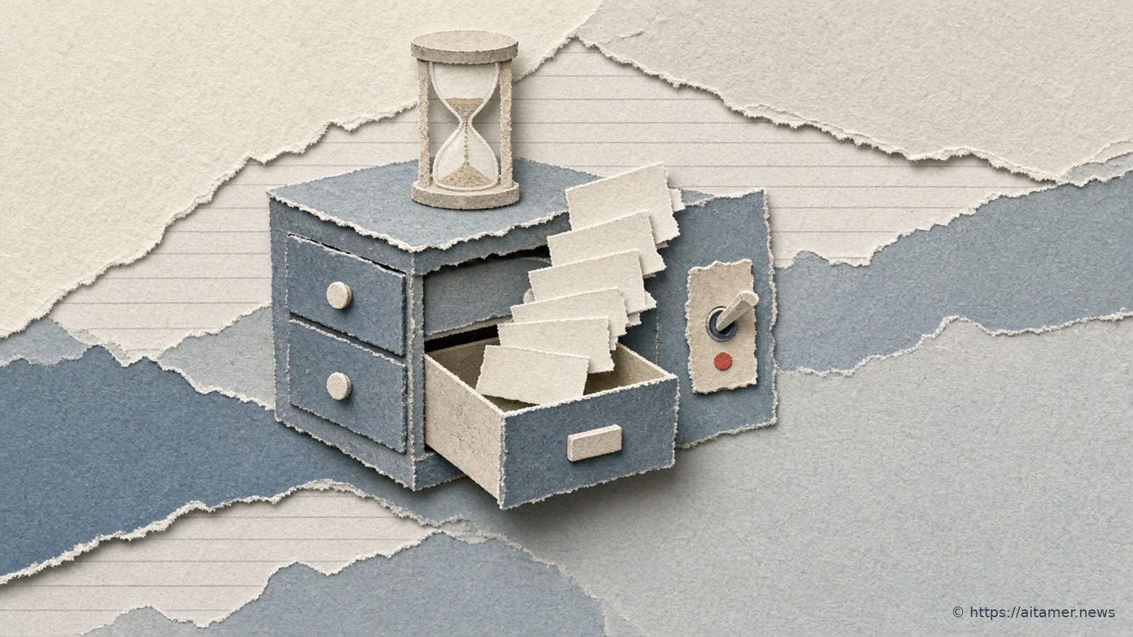 A paper-cut collage of a filing cabinet with one open drawer taking in message slips, a toggle switch on its side and an hourglass on top.