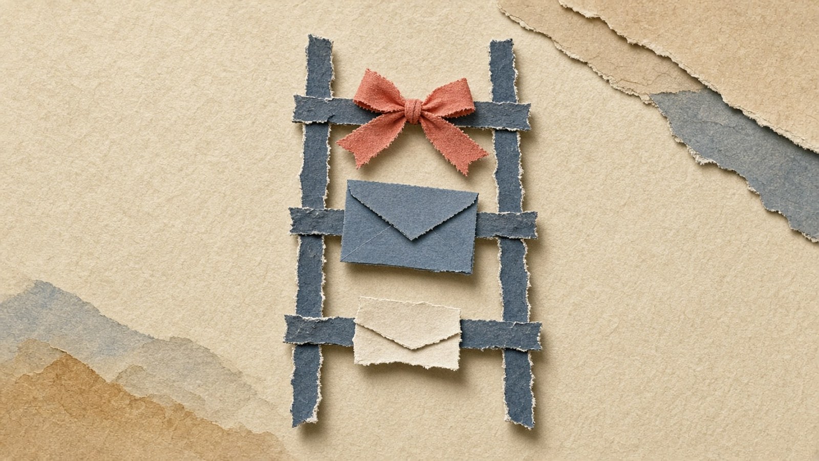 Paper-cut collage of a three-rung slate-blue ladder on warm cream paper, with a small cream envelope on the bottom rung, a slate envelope on the middle rung, and a coral bow tied on the top rung.