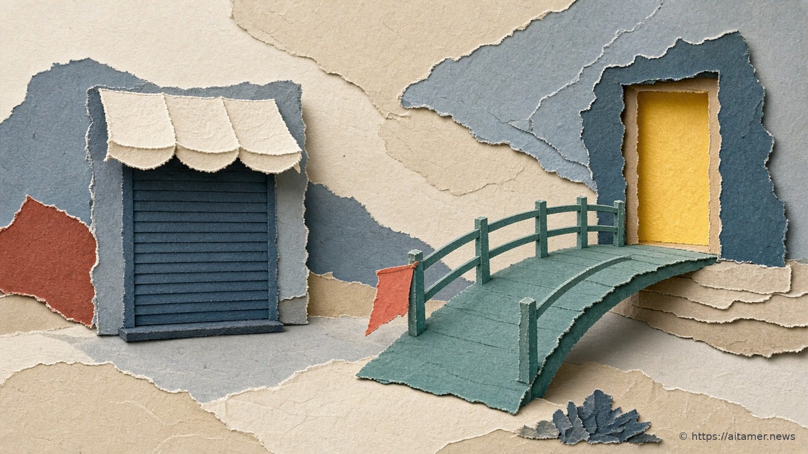 A cream-awninged paper shopfront with a lowered slate shutter, and a teal paper bridge leading to a glowing yellow doorway in a blue-grey wall.