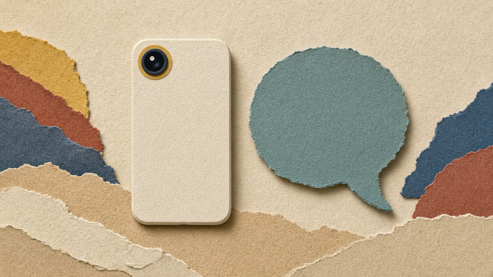 Beige paper phone with a simple camera lens sits beside a muted teal speech bubble on sand ground with layered hills.