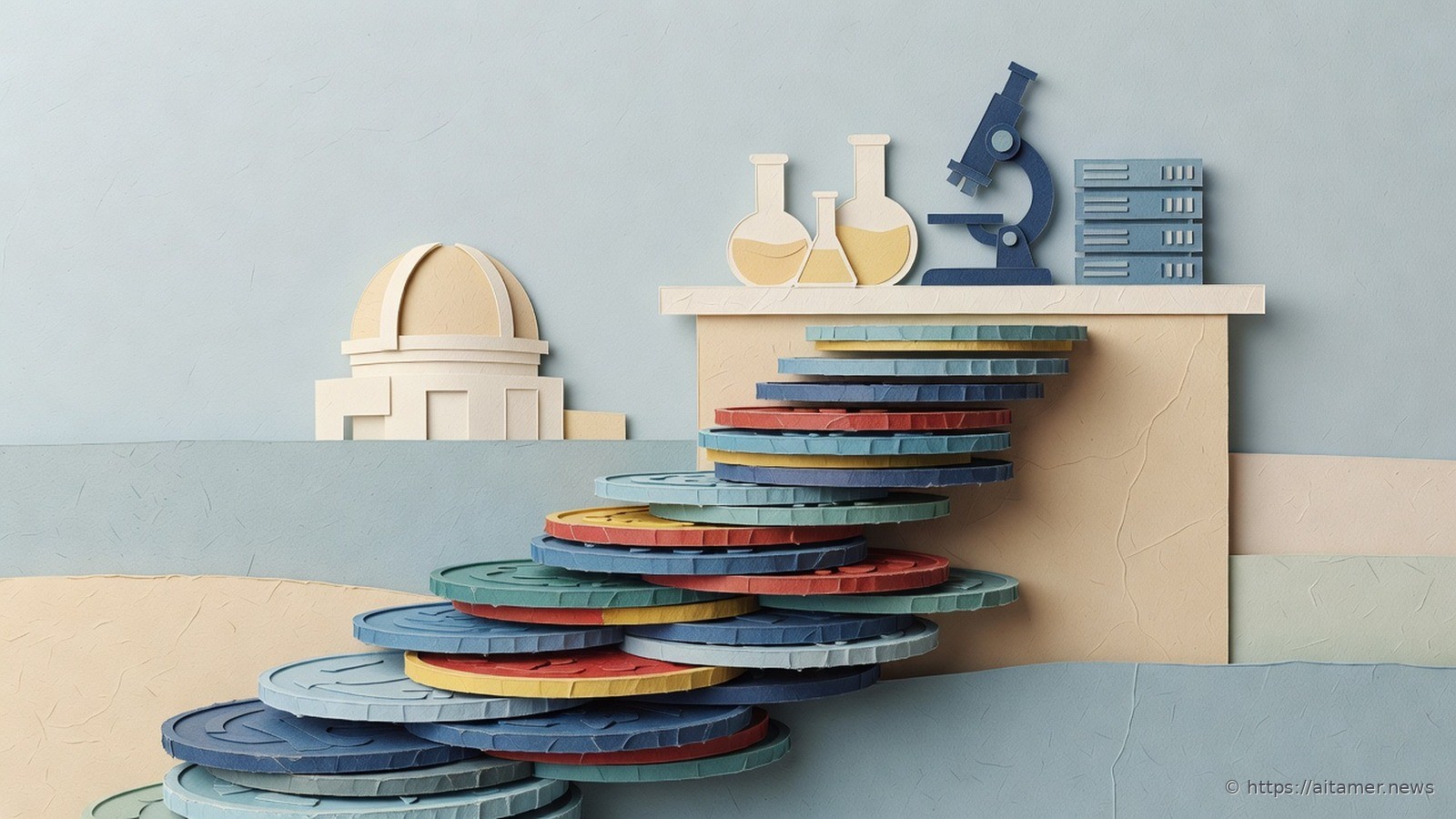 Paper-cut illustration of a rising staircase of stacked colored coins leading to a lab bench with flasks, a microscope and a small server rack, with an observatory dome in the background.