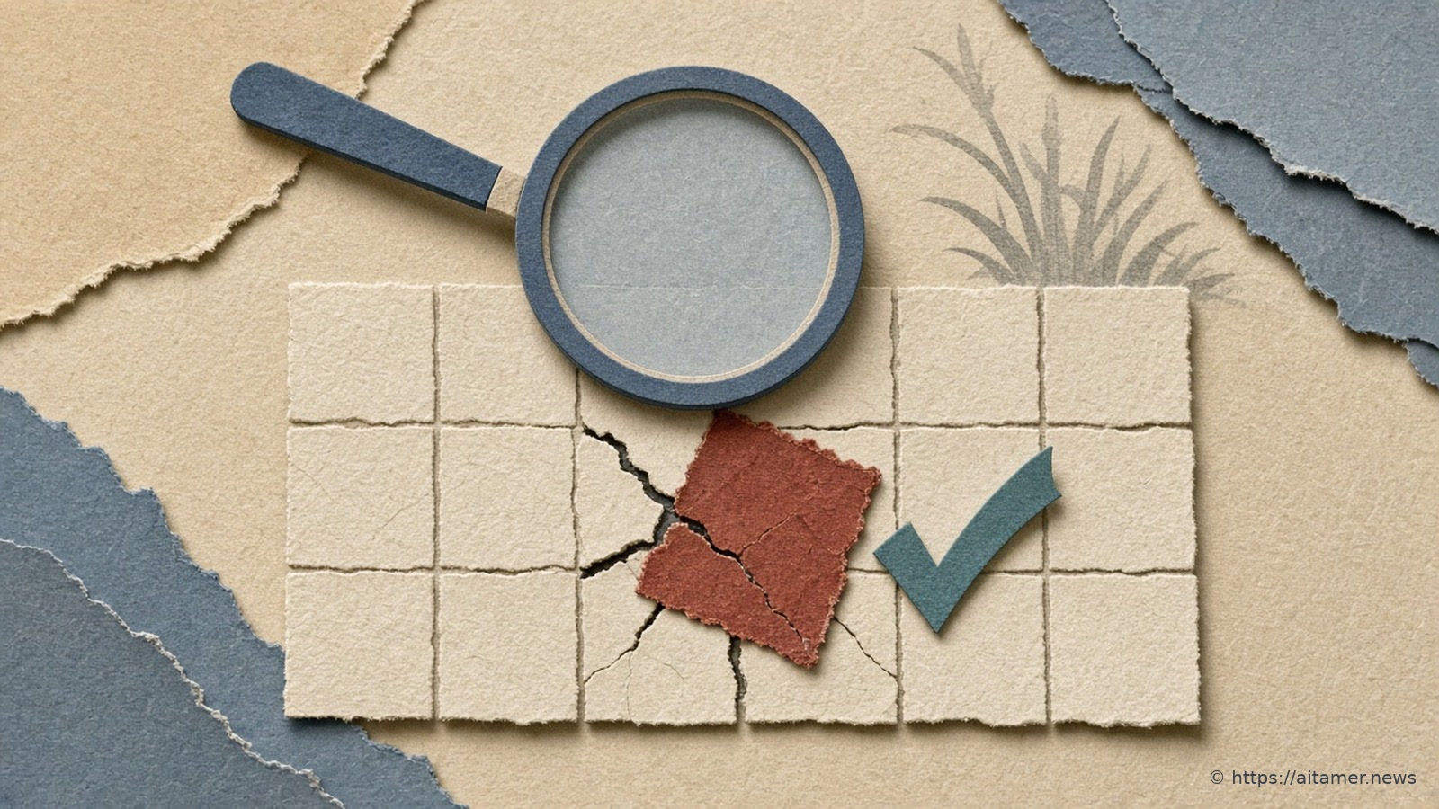 A cream paper grid under a slate-blue magnifying glass, with a cracked coral tile and a slate checkmark.