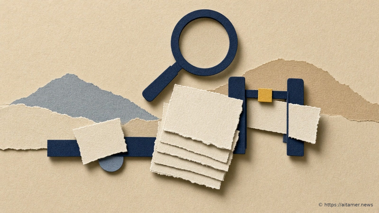 A paper-cut collage of a magnifying glass over request slips, one passing through a small turnstile while another waits behind a lowered bar.