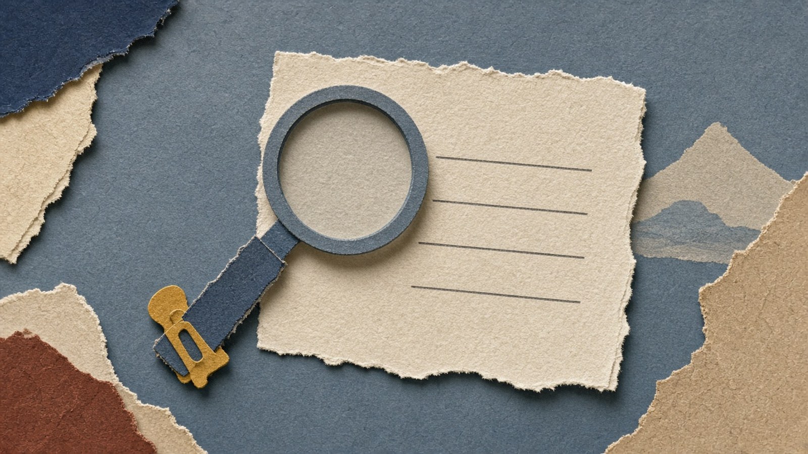 Sand-colored lined slip under a paper magnifying glass with a sulfur-yellow handle tab, on steel-blue torn paper hills.