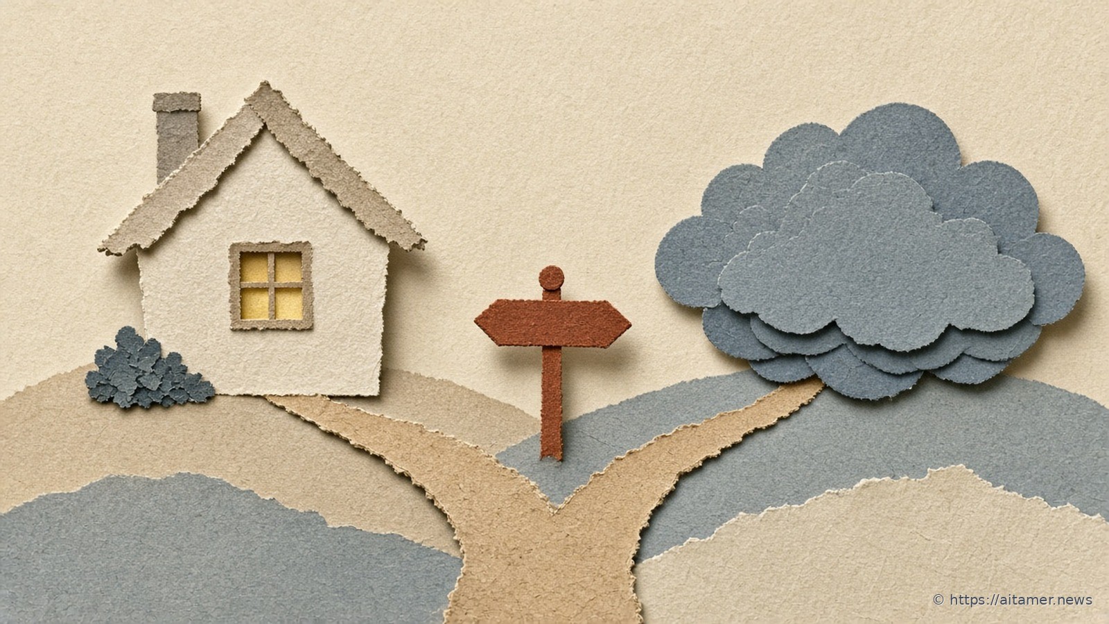 Paper-cut cream house with a lit yellow window and a slate cloud, joined by a path that forks at a blank rust signpost.