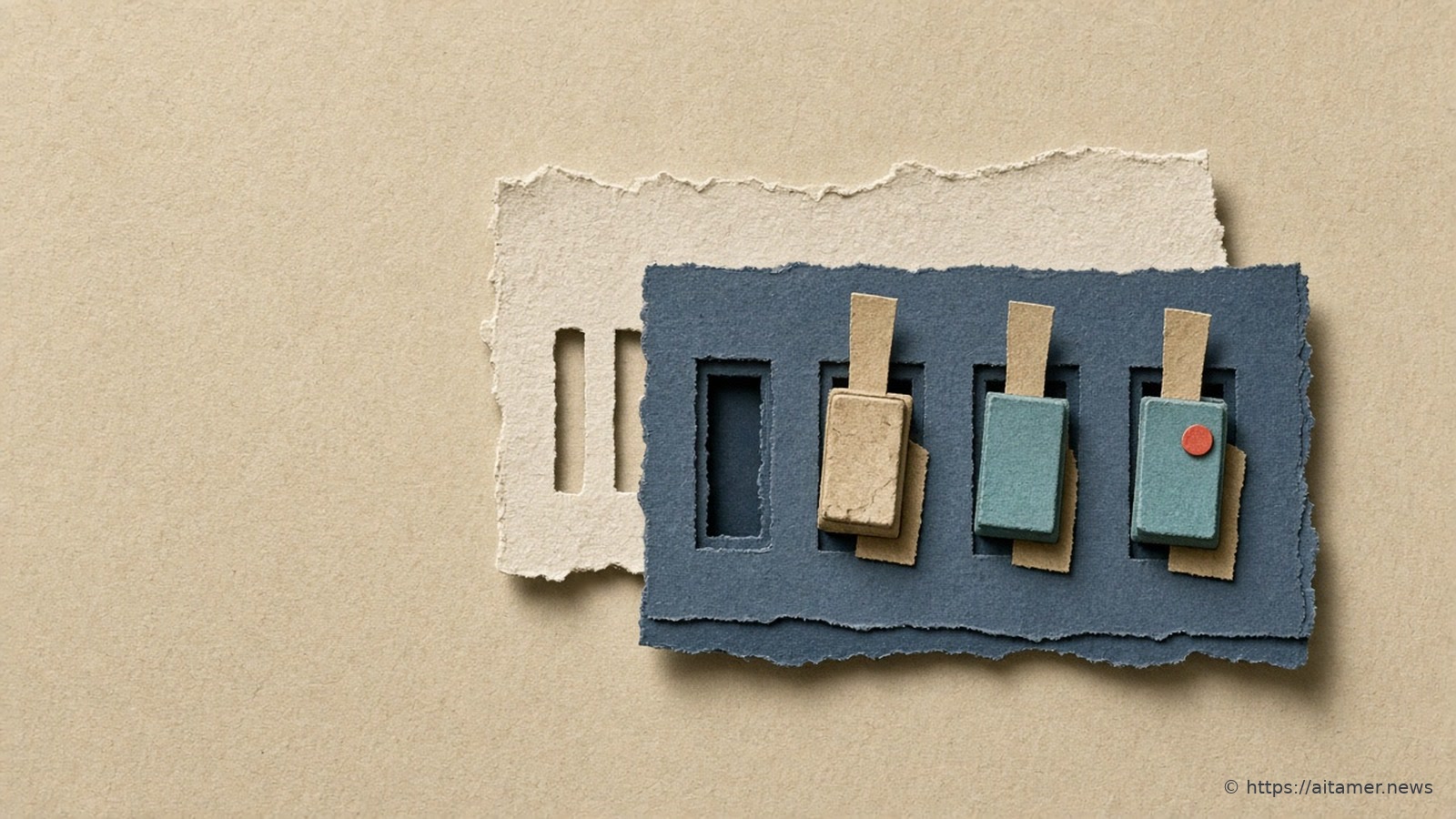 A slate-blue paper control panel with four slots holds one sand-colored switch and two teal switches, one with a small coral dot, one slot empty, in front of a torn cream paper panel with two empty slots.