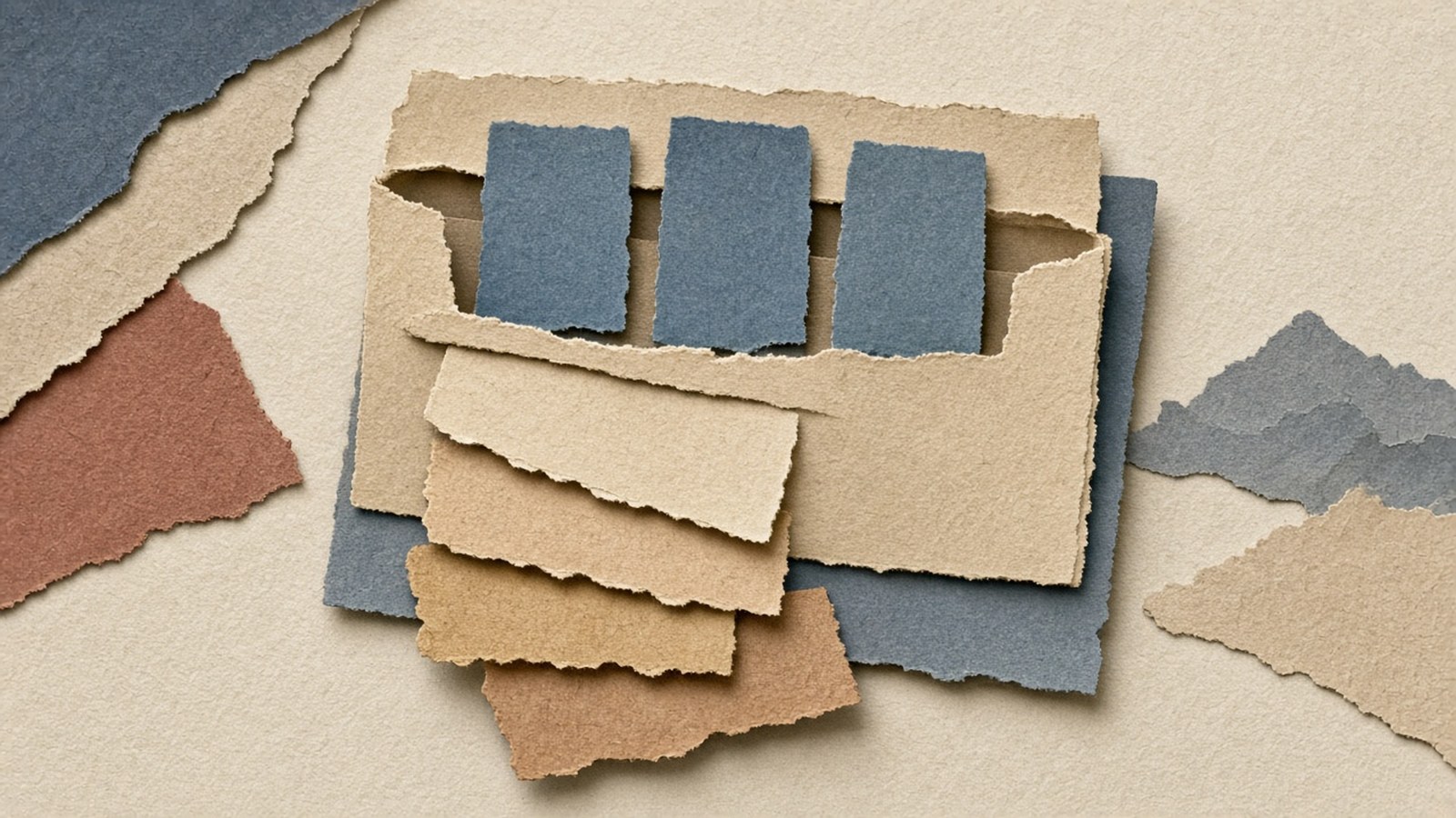 Torn tan folder on cream ground holds three dusty-blue tabs still clipped, while faded scraps slide away around it.