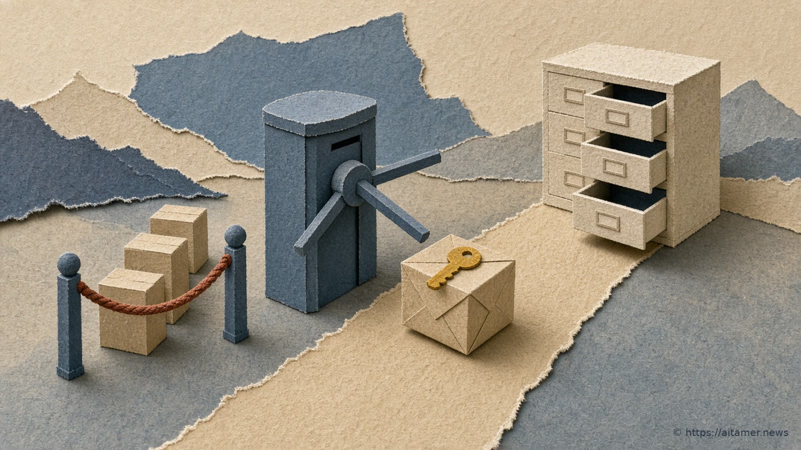 A cut-paper slate-blue turnstile stands on a sand paper path leading to a cream filing cabinet with open drawers, as a paper parcel with a yellow key sits on the path past the turnstile while three plain parcels wait behind a rust-red rope between two posts.