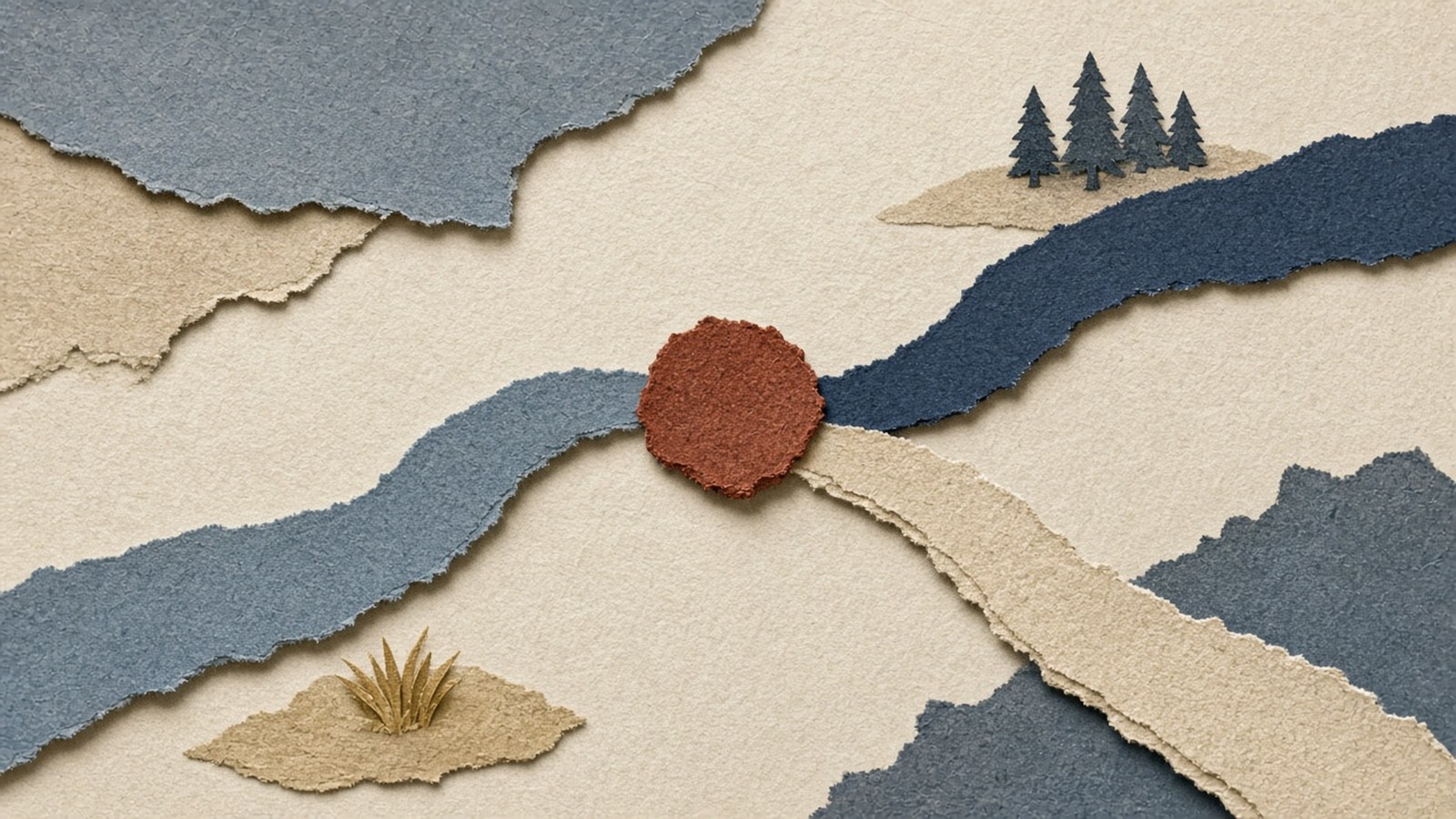 Blue and tan torn-paper paths meet at a blank rusty-red wax seal on ivory ground, with tiny paper trees on a side hill.