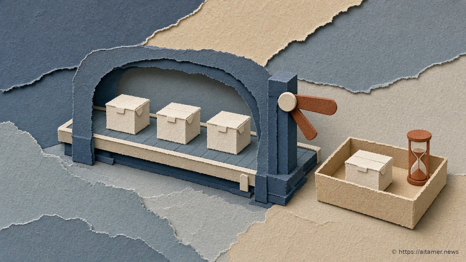 Paper parcels ride a conveyor through a slate-blue gate with a turnstile, while one parcel waits in a sand tray beside a rust hourglass.