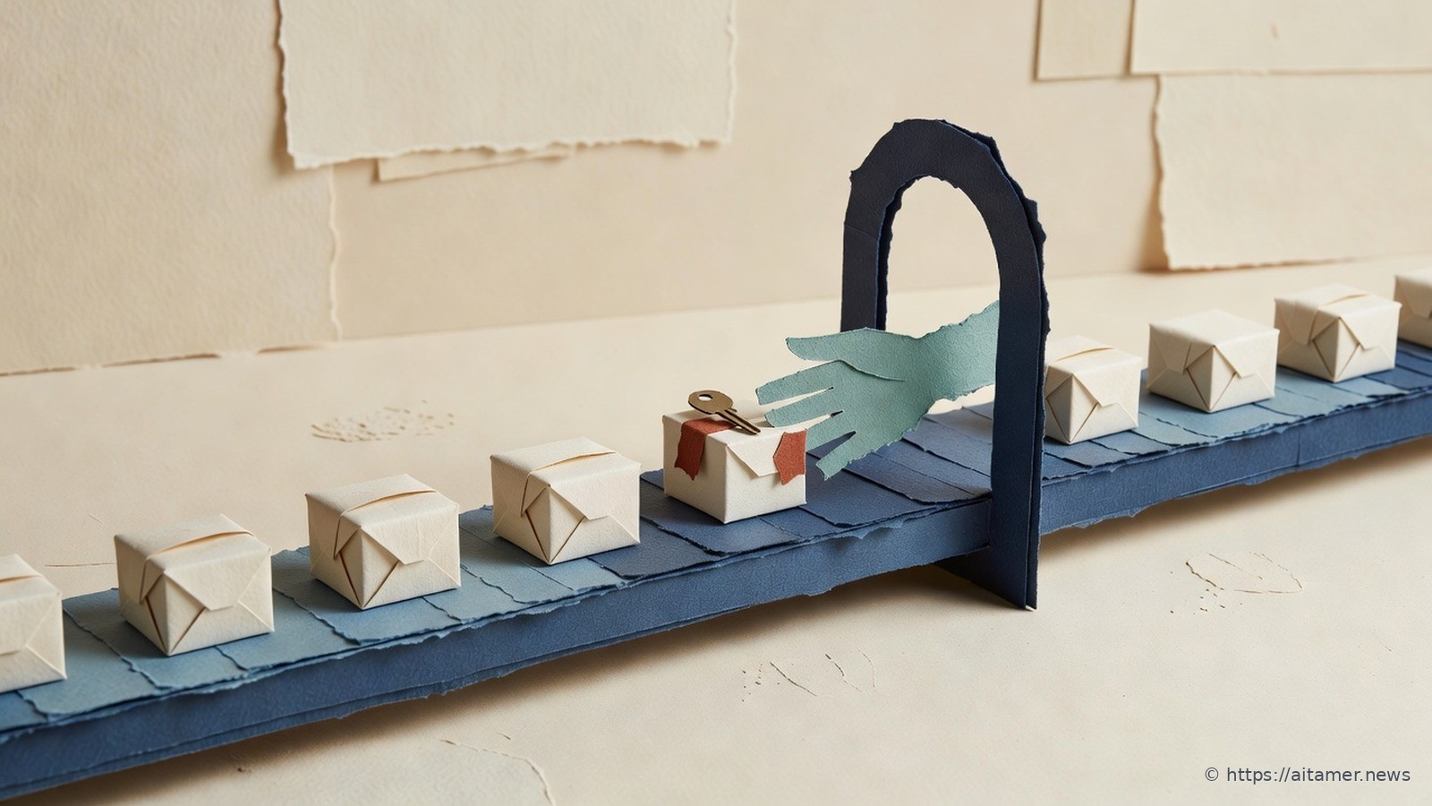 Paper conveyor belt carrying small parcels toward a navy arch, where a teal paper hand stops the one parcel with a brass key sticking out of its lid.