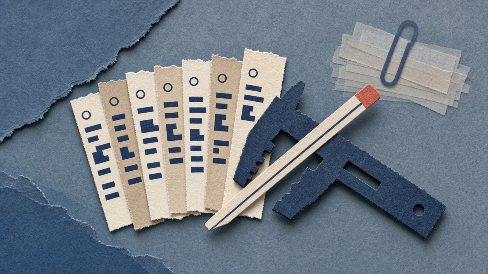 Cream review slips, a blue ruler, a coral-tipped pencil, and a paper clip.