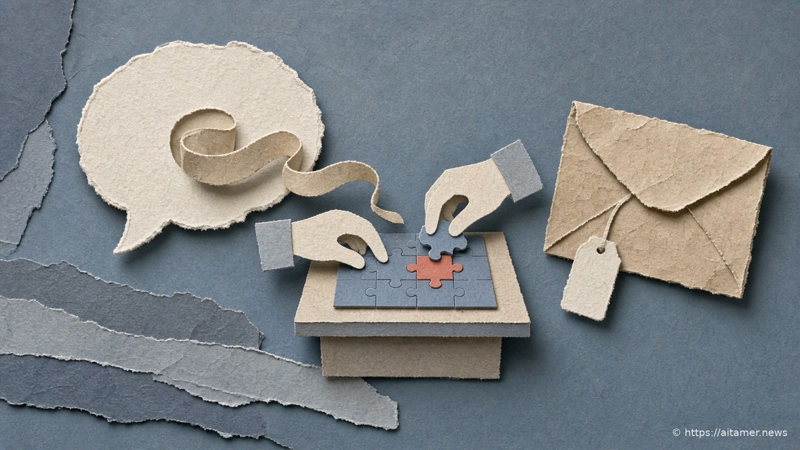 Cut-paper illustration of a speech bubble unrolling a ribbon toward paper hands fitting a coral puzzle piece, beside a closed envelope with a blank tag.