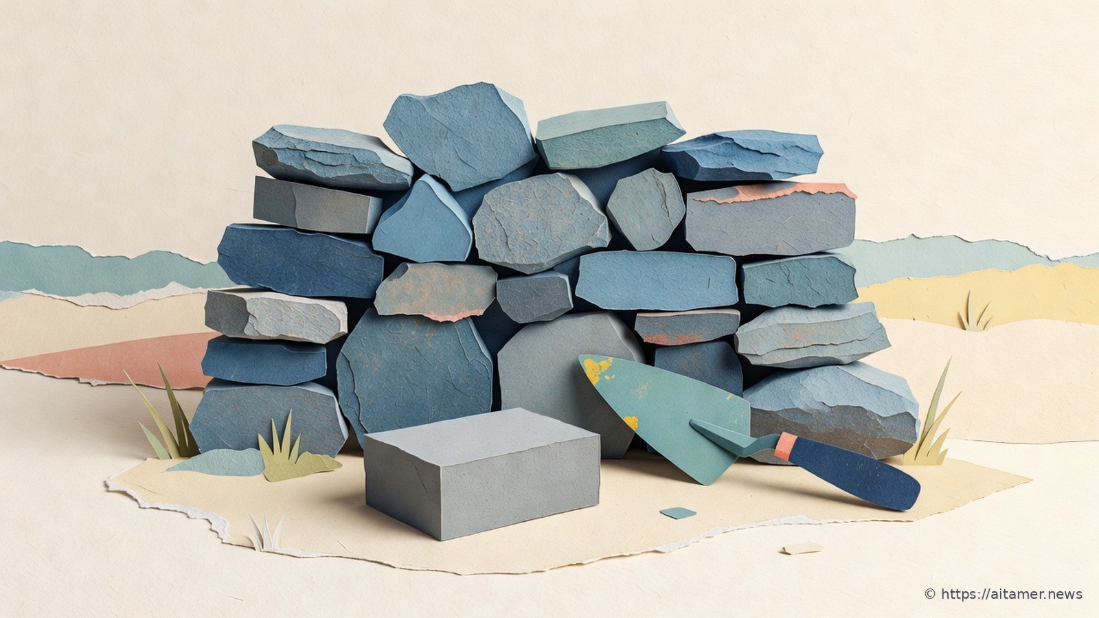 Paper-cut illustration of a drystone wall of irregular slate and blue stones, with one uniform machine-cut grey brick set apart in front and a trowel leaning against the wall.